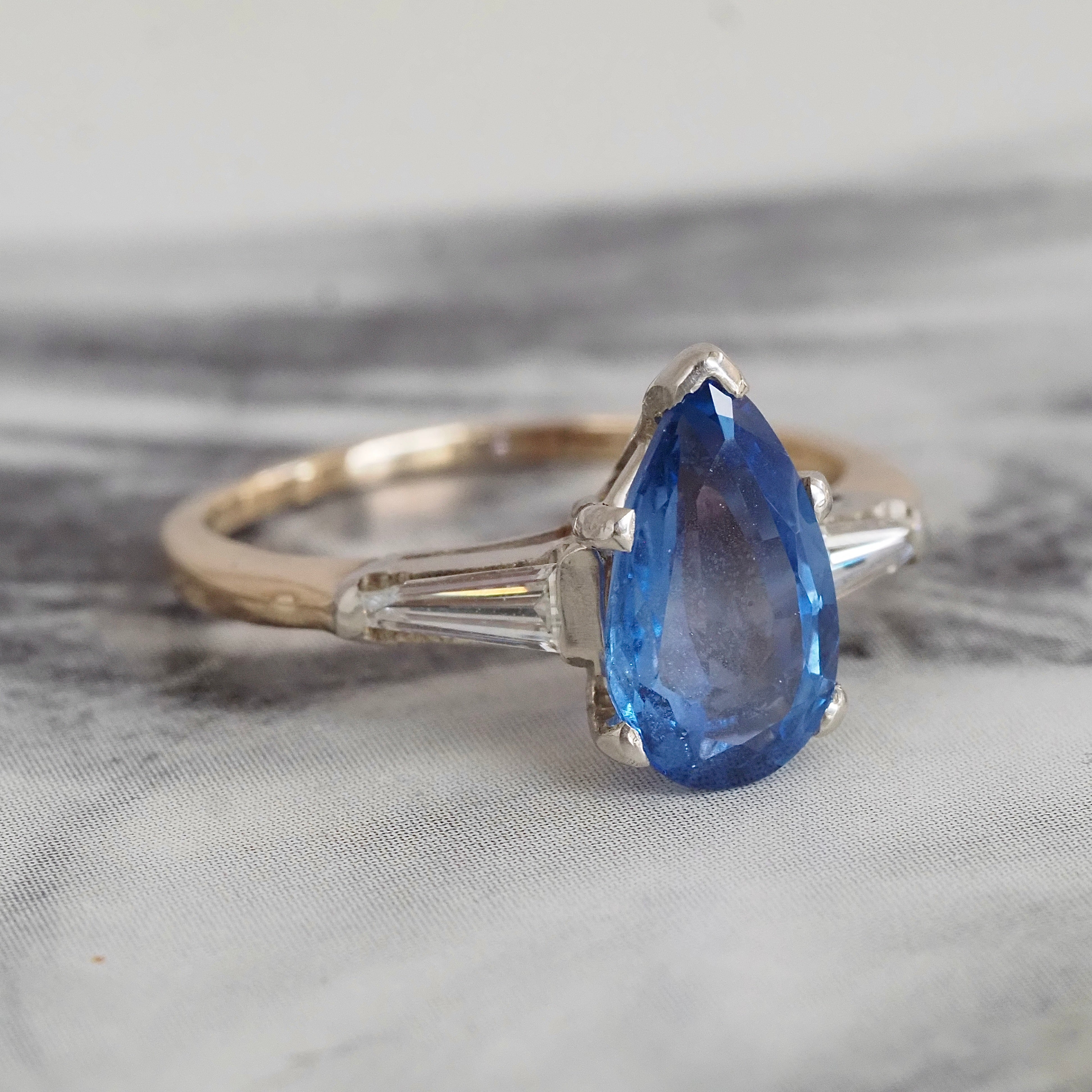Vintage Pear Sapphire and Tapered Baguette Diamond 14k Gold Ring