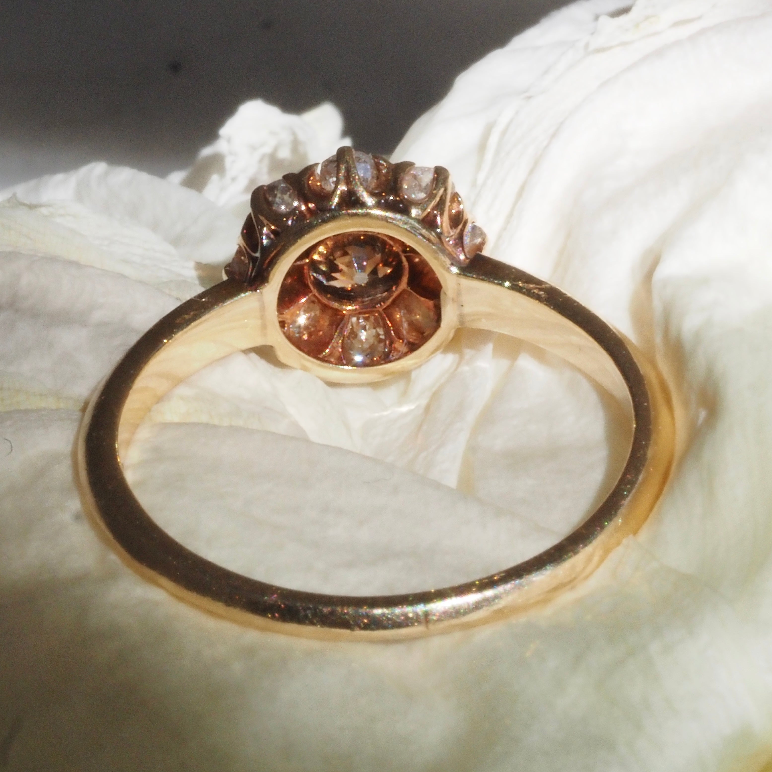 Antique Edwardian Brown Old European Cut Diamond Halo Cluster 14k Gold Engagement Ring