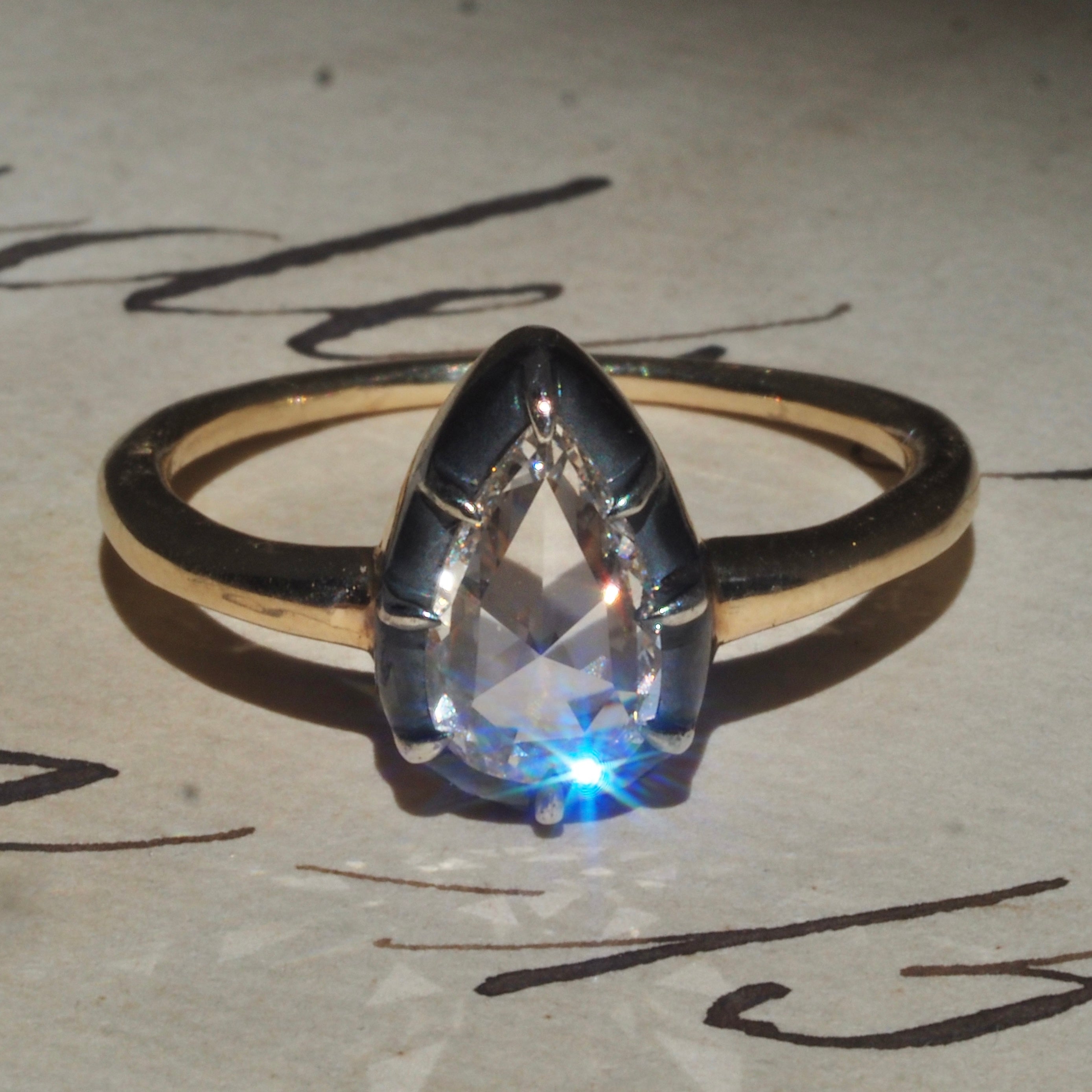 Georgian Style Pear Rose Cut Diamond 14k Gold and Sterling Silver Solitaire Engagement Ring