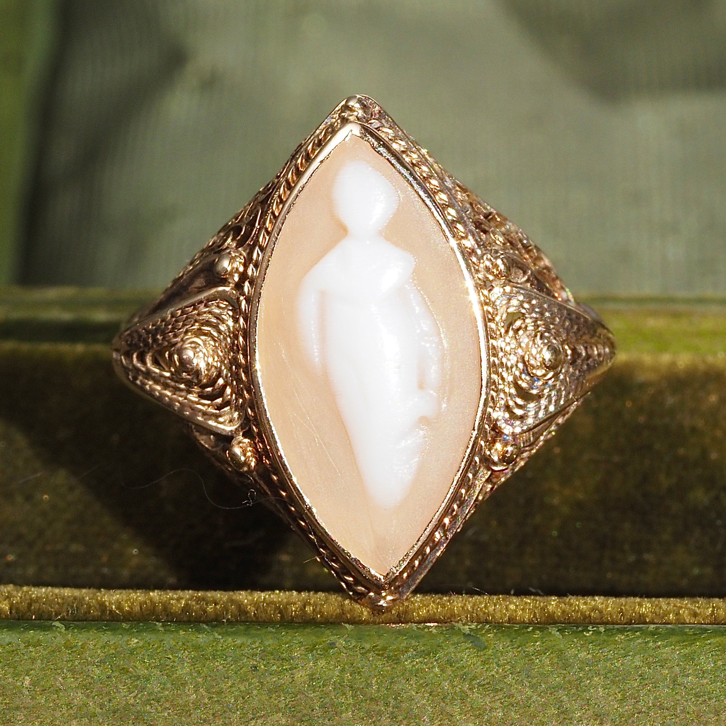 Antique Victorian Coral "Woman of the Mist" Cameo 10k Ring