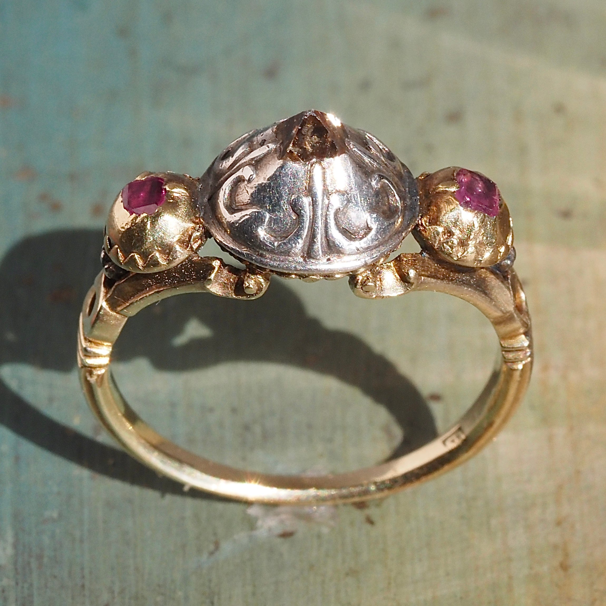 Antique Late 17th Century Baroque 18k Gold and Sterling Silver Point Cut Diamond and Table Cut Ruby Ring