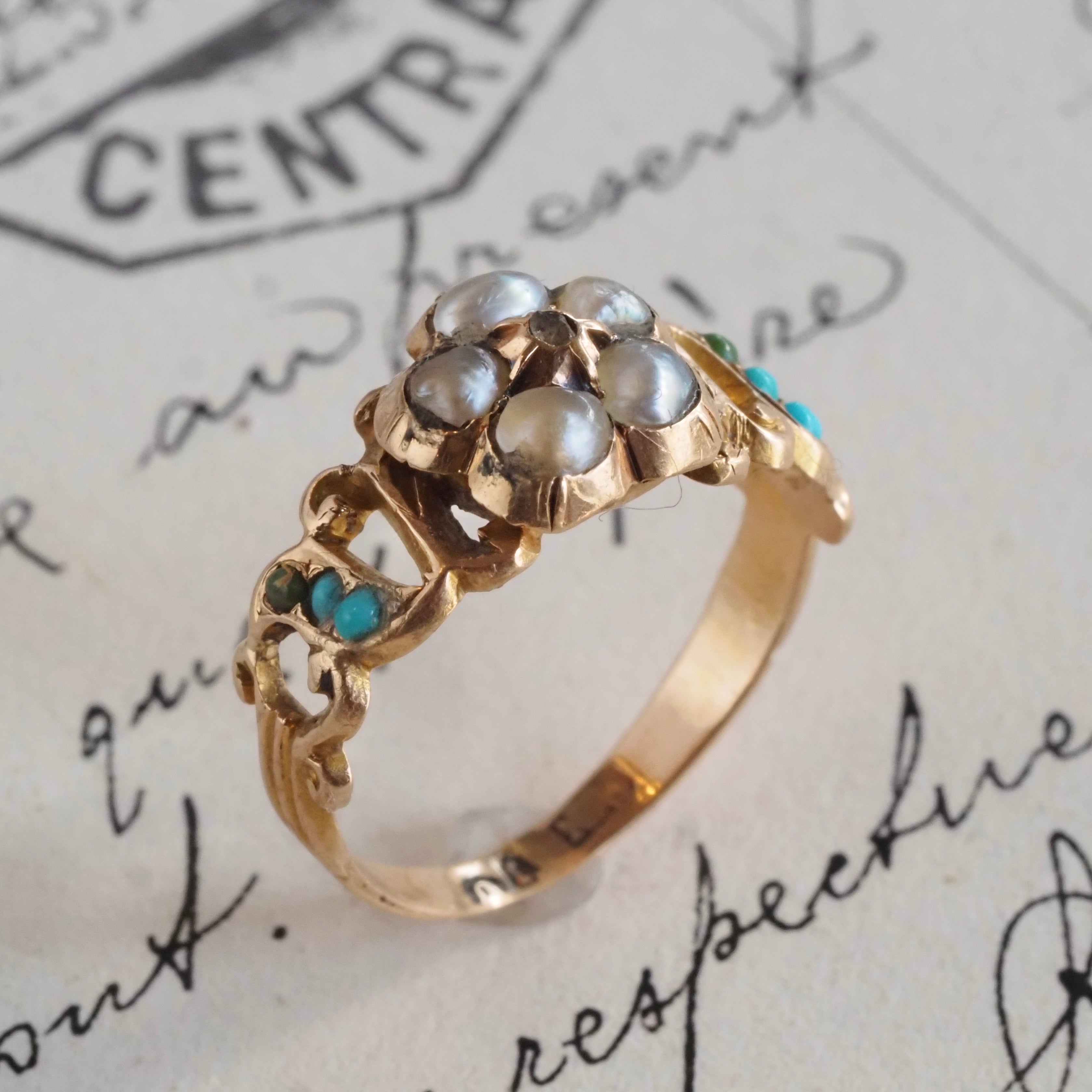 Antique Victorian Pearl Turquoise and Diamond Flower 14k Gold Ring