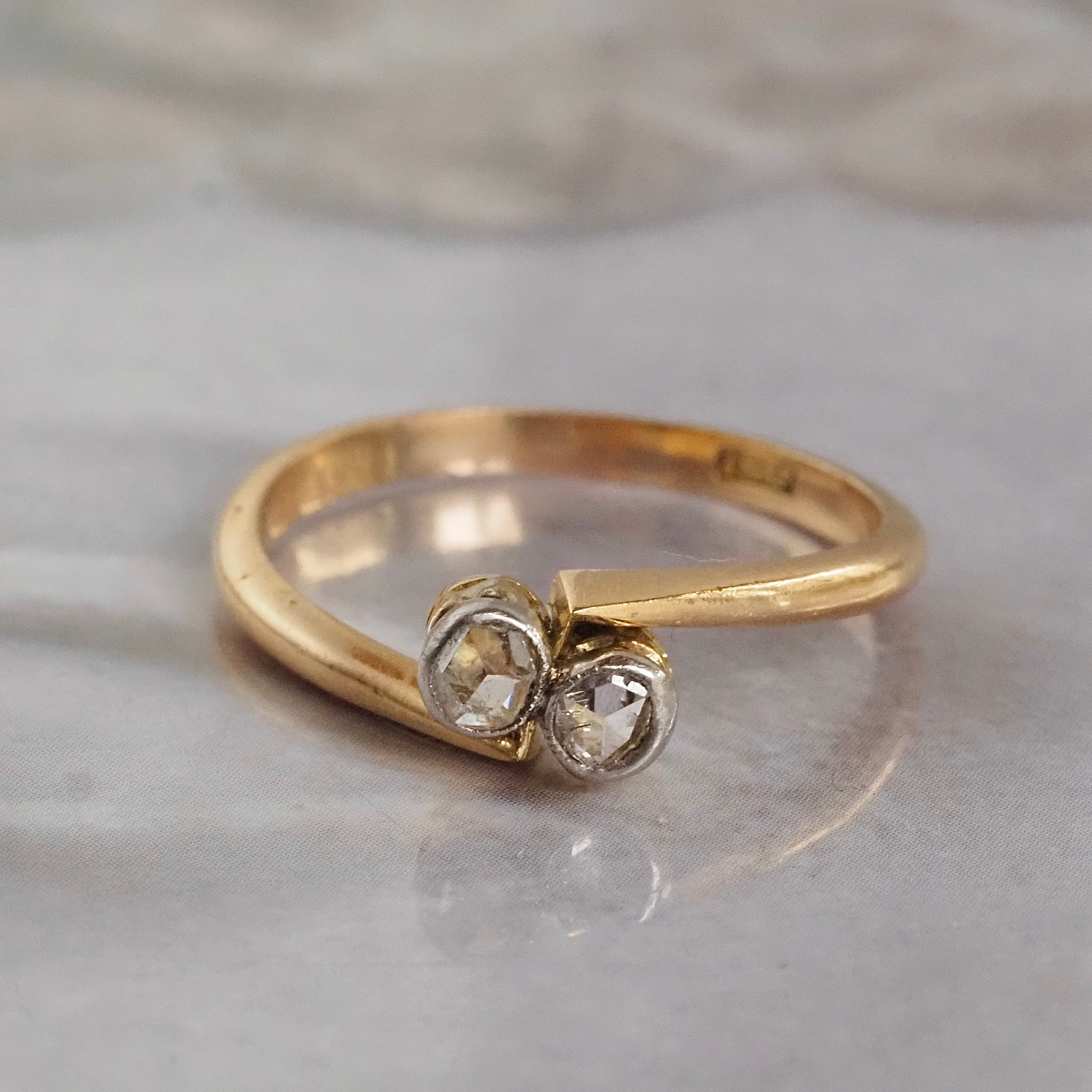 Antique Moi et Toi Rose Cut Diamond 18k Gold & Platinum Ring