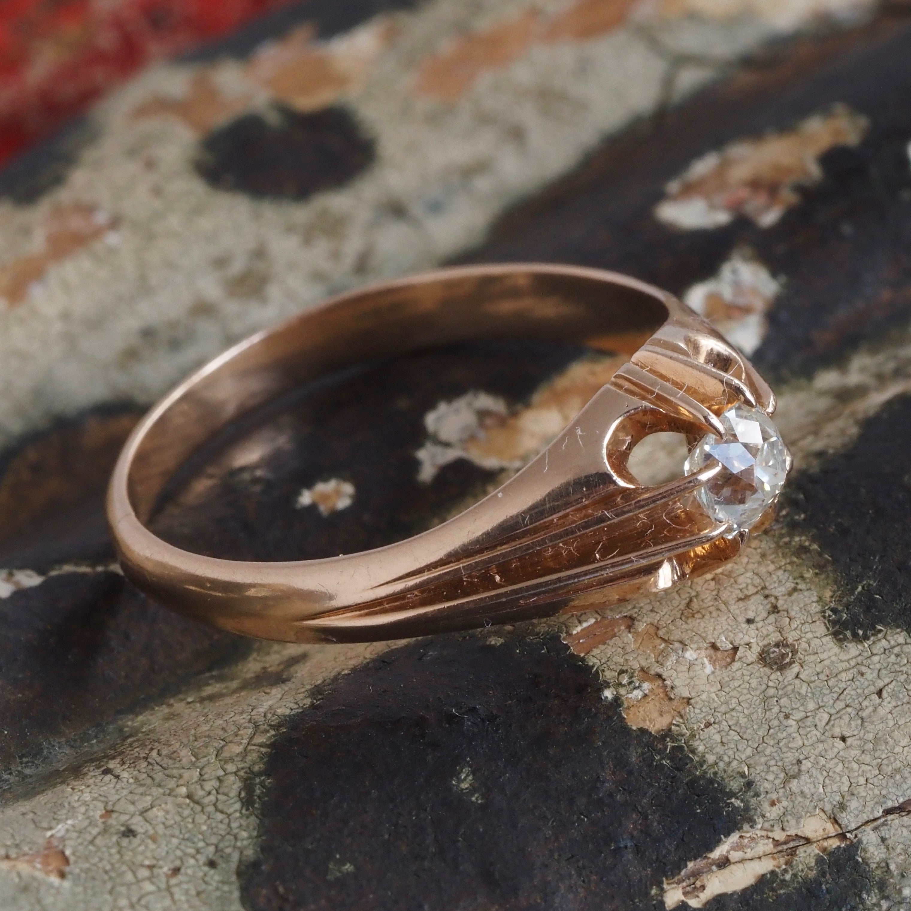 Antique Old Mine Cut Diamond in Vintage Polish 14k Gold Belcher Set Engagement Ring