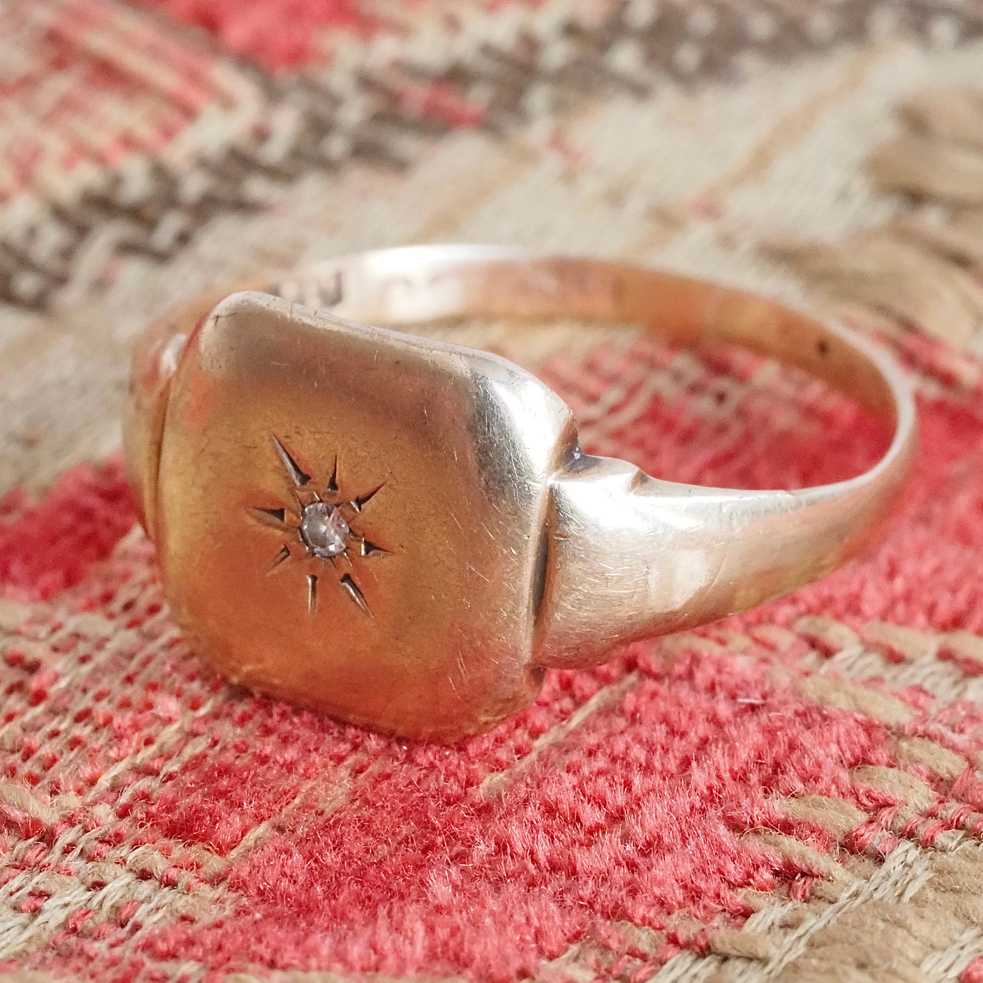 Vintage English Diamond Starburst 9k Gold Signet Ring