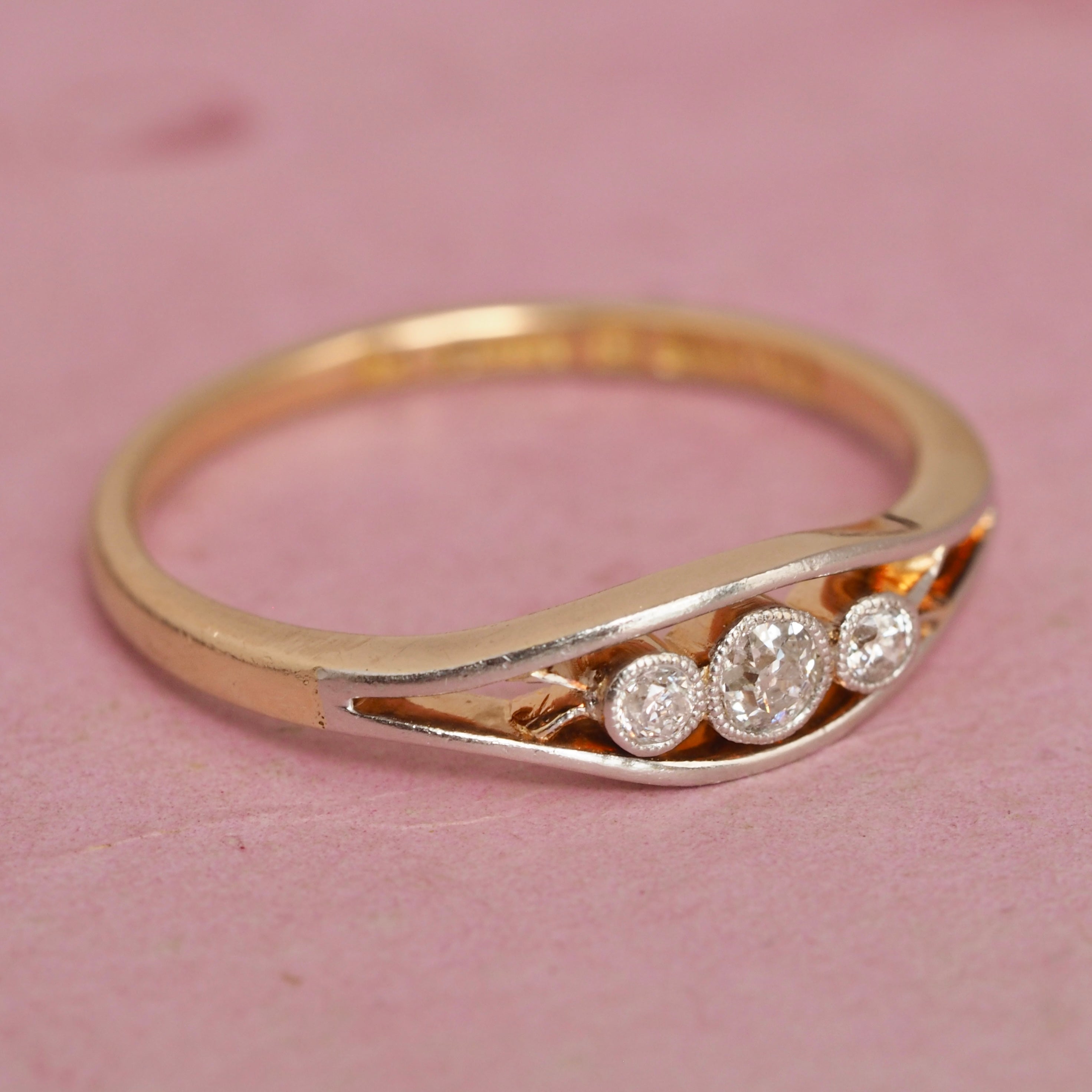 Late Art Deco English 18k Gold and Platinum Old Mine Cut Diamond Trilogy Ring