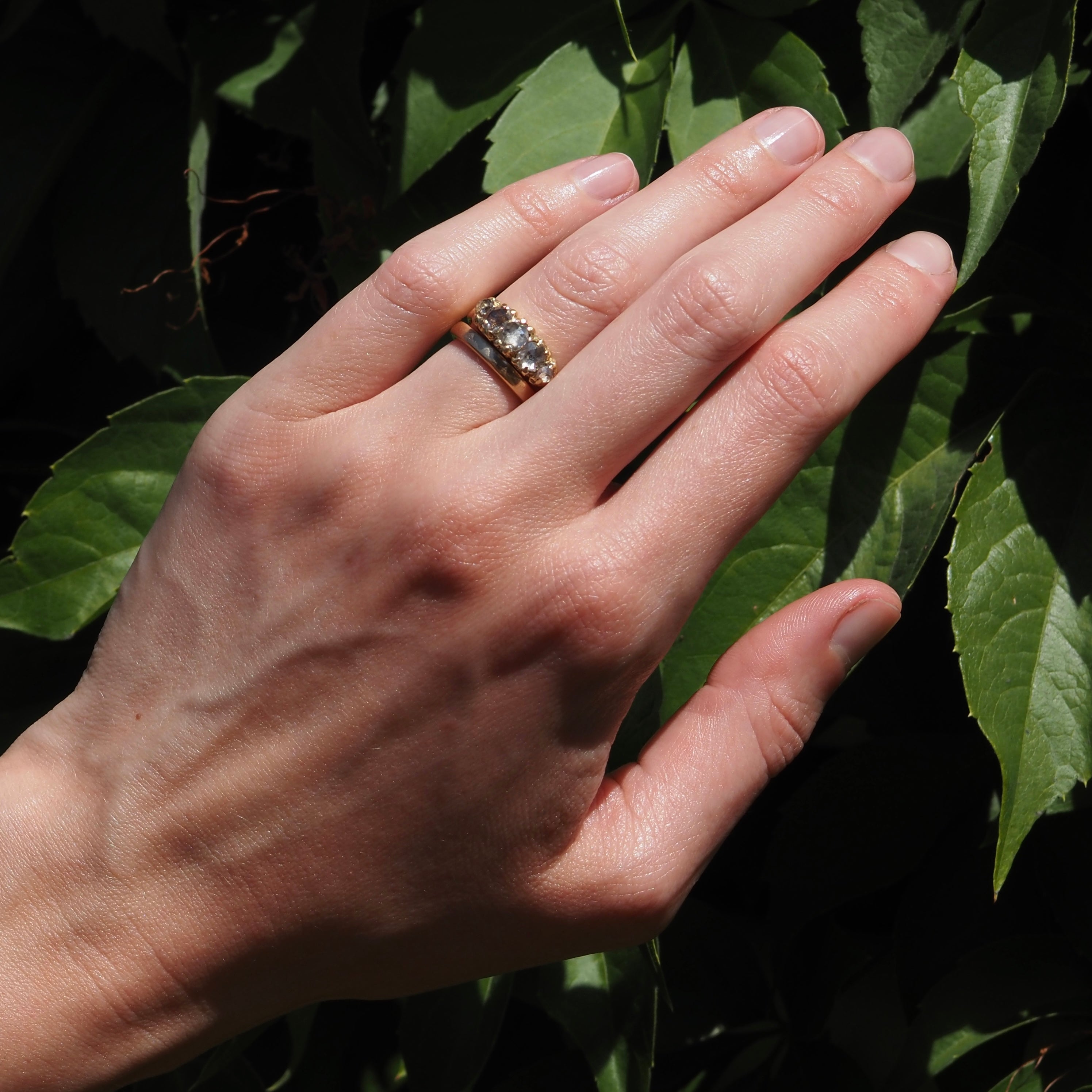 Antique Victorian 18k Gold Foil Backed Rose Cut Diamond Five Stone Ring
