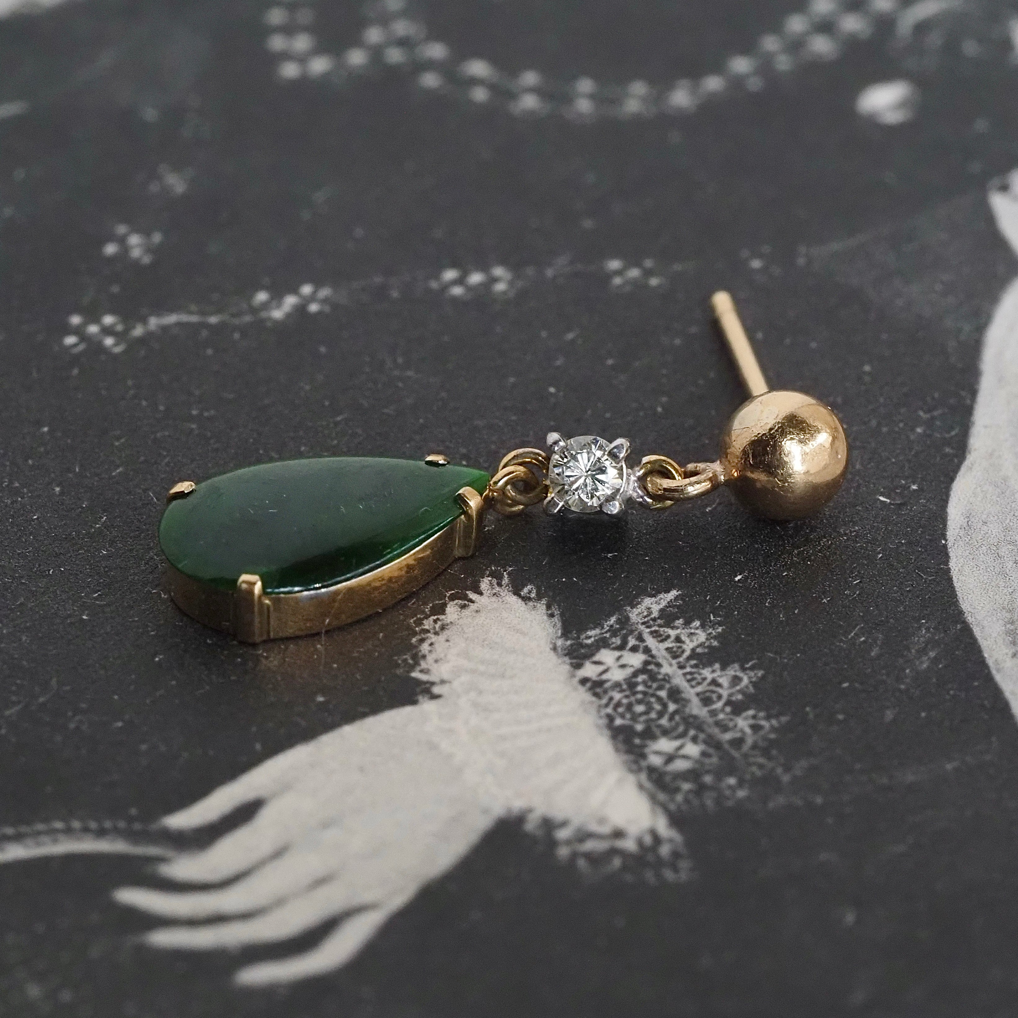 Vintage 14k Gold Tear Drop Jade & Diamond Earrings