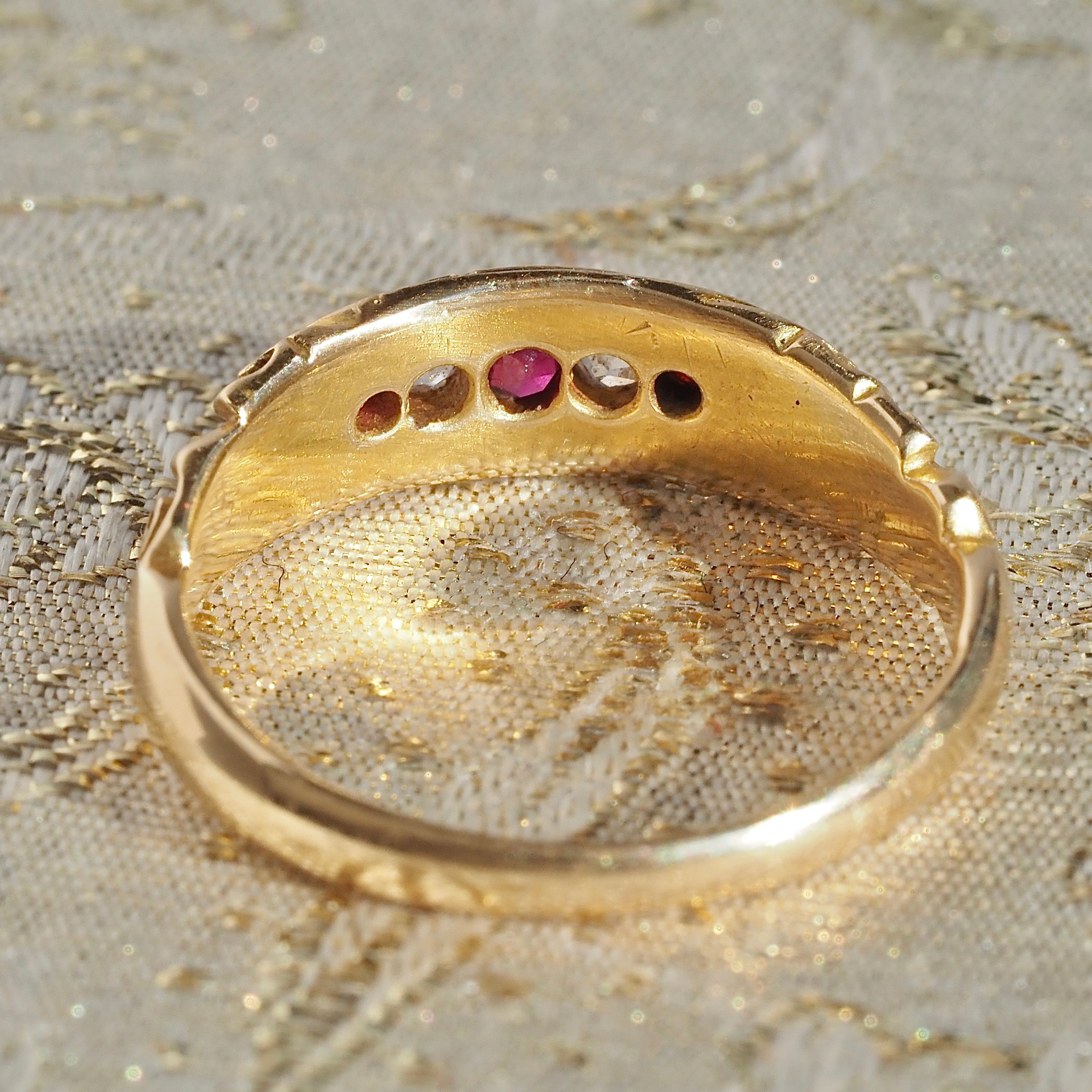 Antique English c. 1895 Old Mine Cut Diamond and Ruby 18k Gold Boat Ring