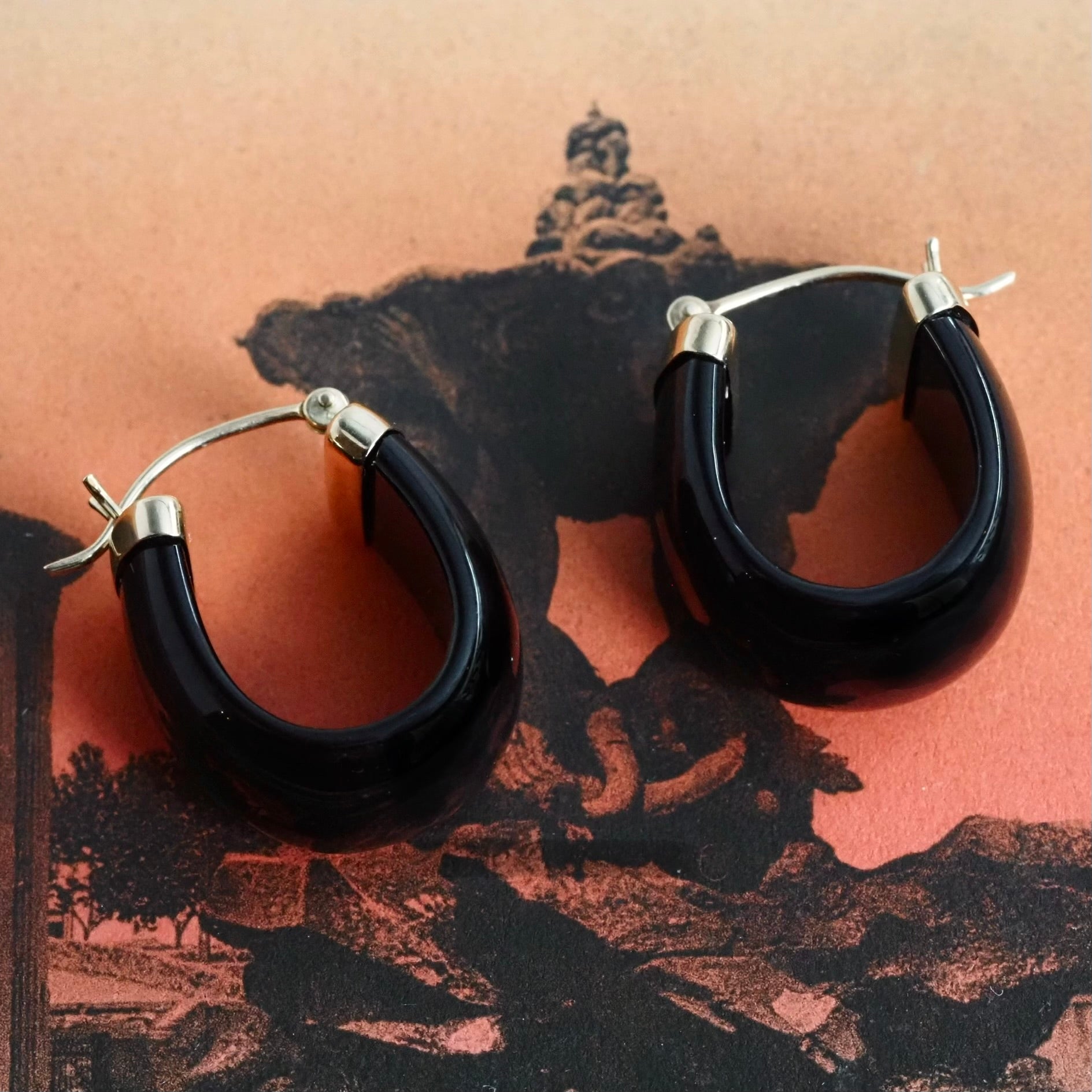Vintage Onyx 14k Gold Hoops