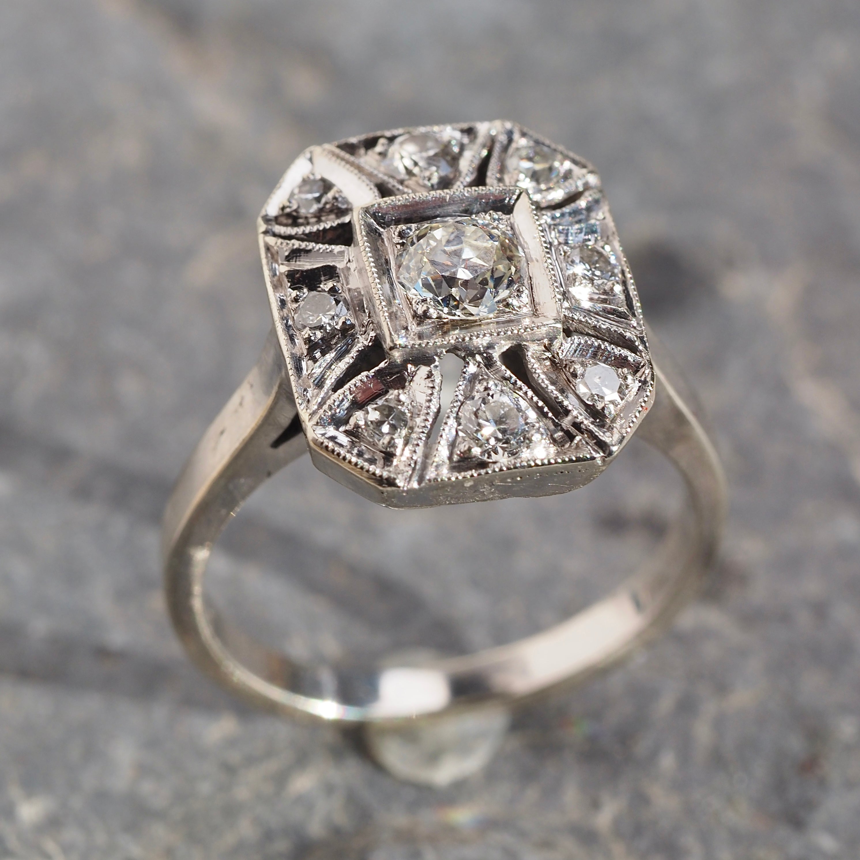 Late Art Deco Old European Cut Diamond Shield Cluster 14k White Gold Ring