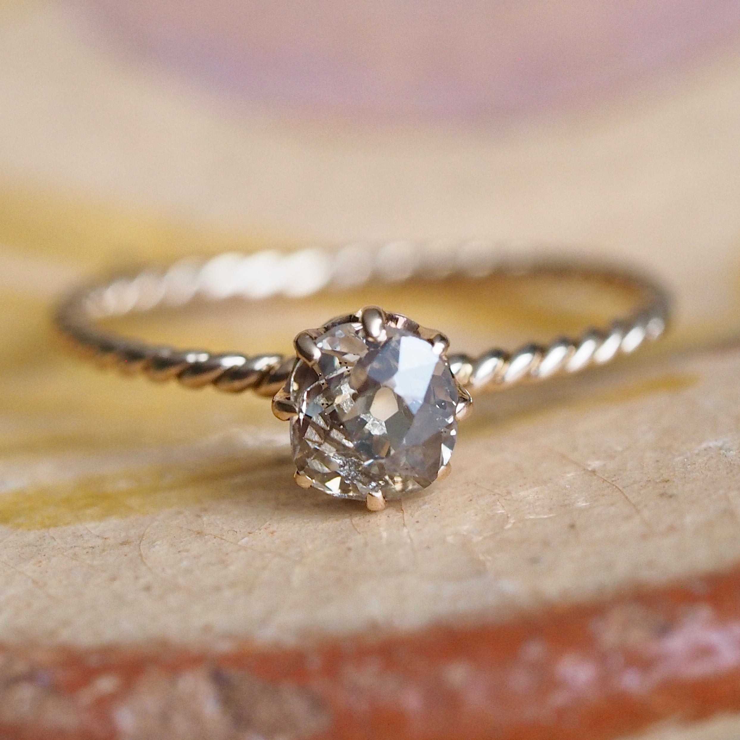 Antique 14k Gold Old Mine Cut Diamond Ring with Twisted Band