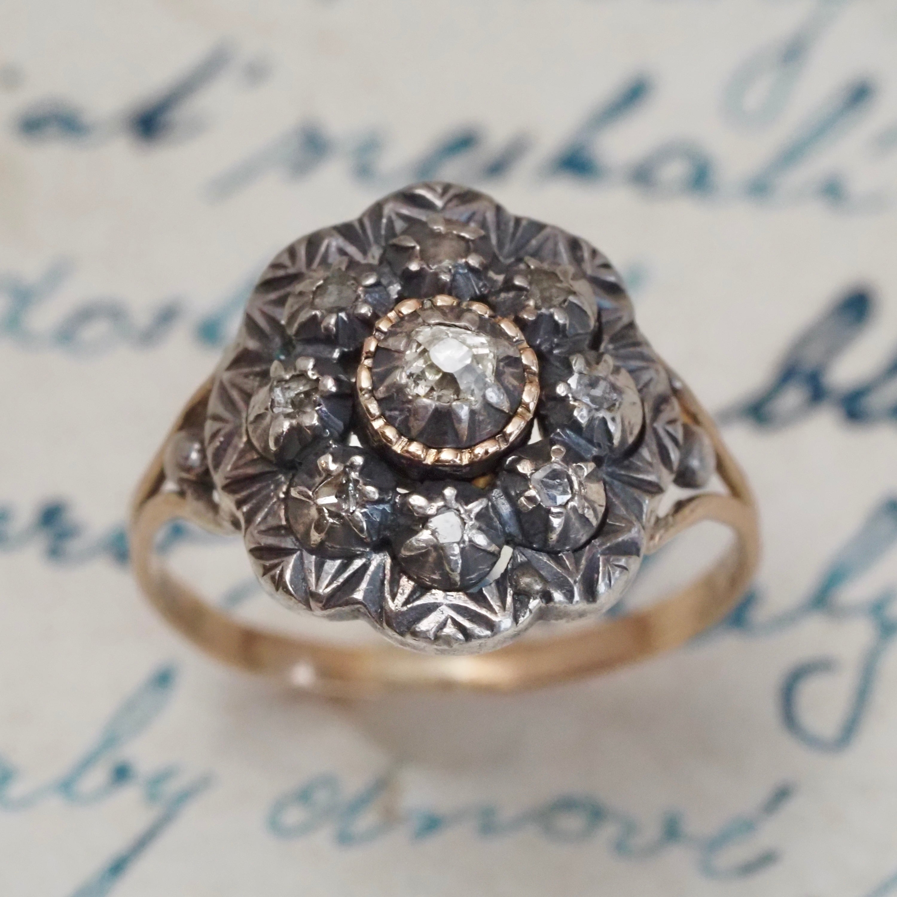 Antique Portuguese Rose Cut Diamond Cluster 19k Gold & Silver Ring