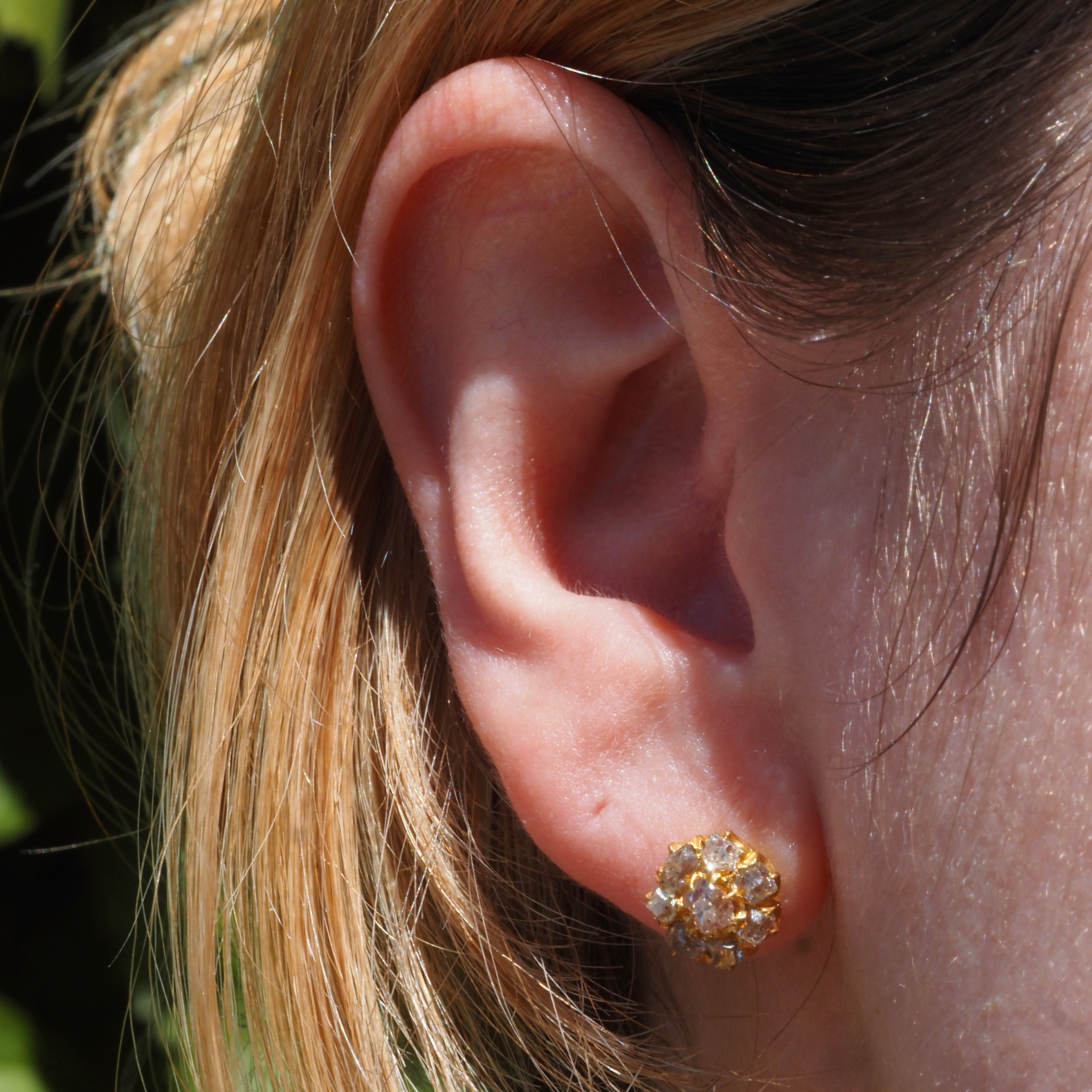 Antique Victorian 22k Gold Old Mine Cut Diamond Cluster Threaded Post Earrings