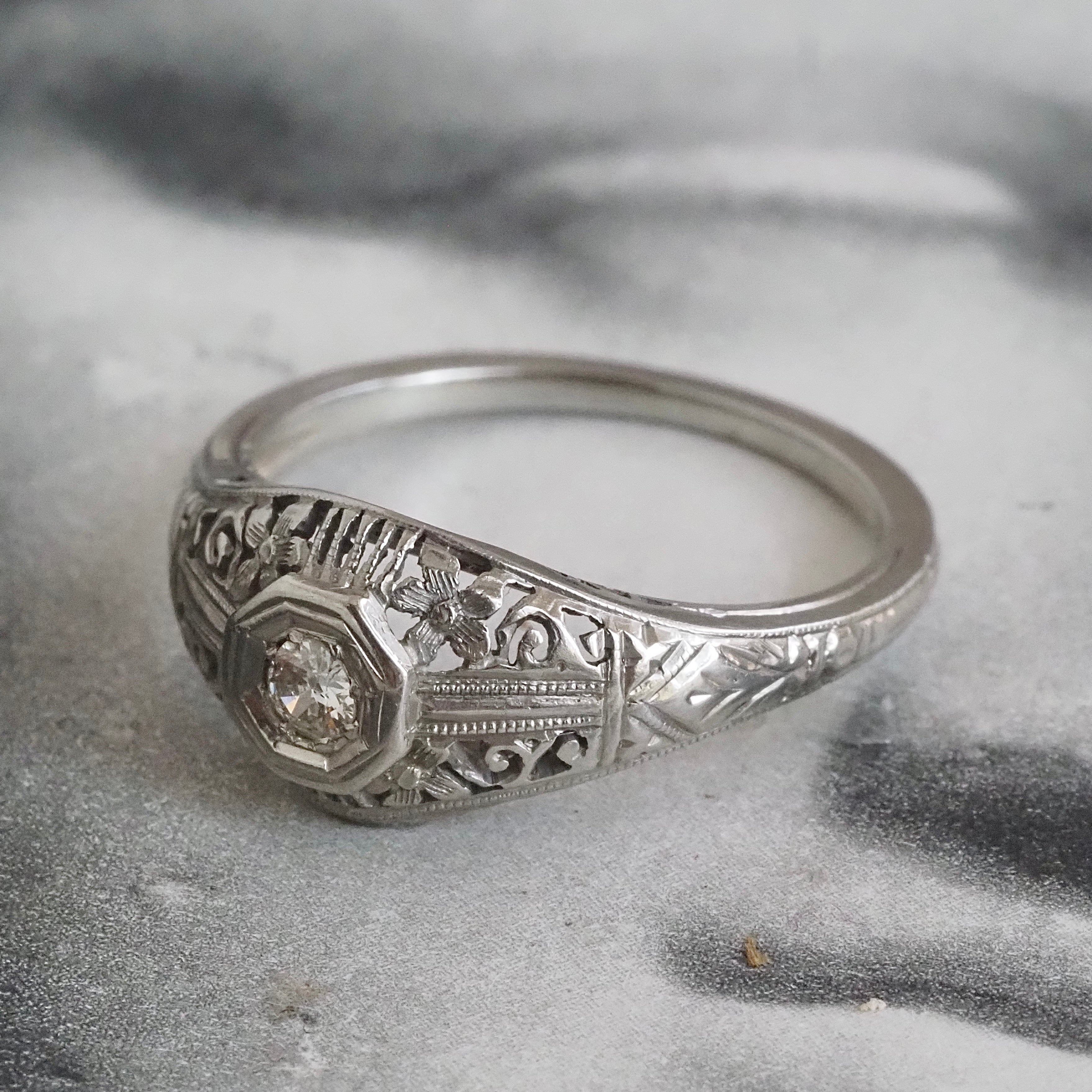 Antique Art Deco Old European Cut Diamond Open Work 18k White Gold Ring