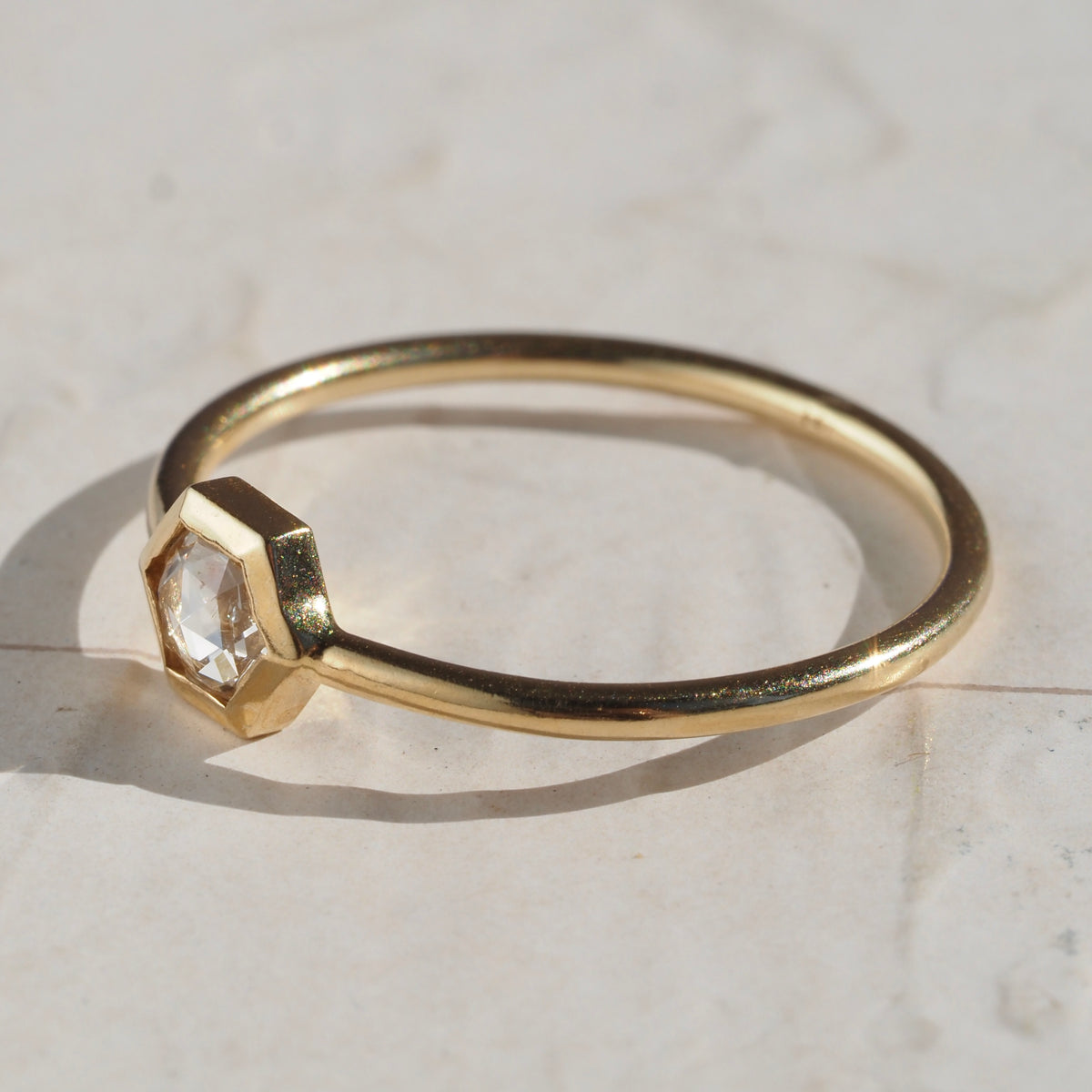 Rose Cut Diamond Hexagon 14k Gold Ring
