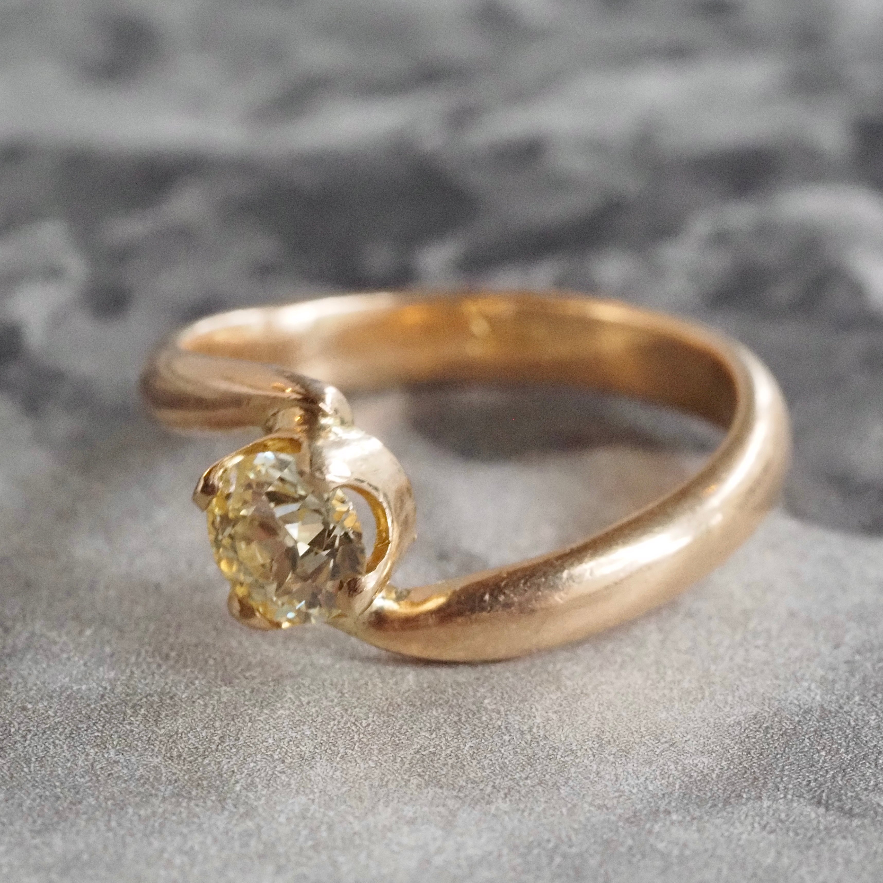 Mid-Century Light Yellow Old European Cut Diamond 14k Gold Bypass Solitaire Engagement Ring