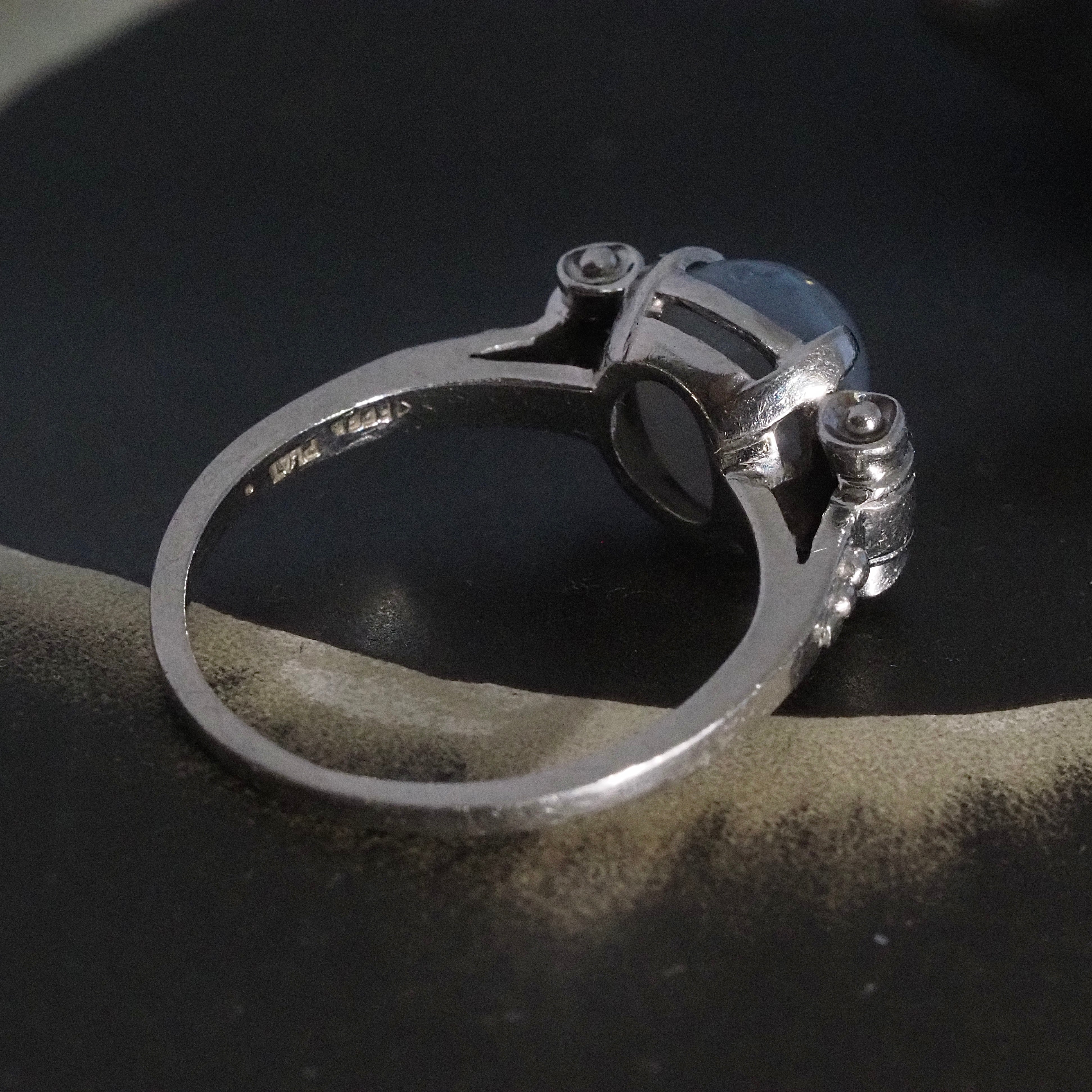 Vintage Mid-Century Platinum Natural Grey Blue Star Sapphire Ring