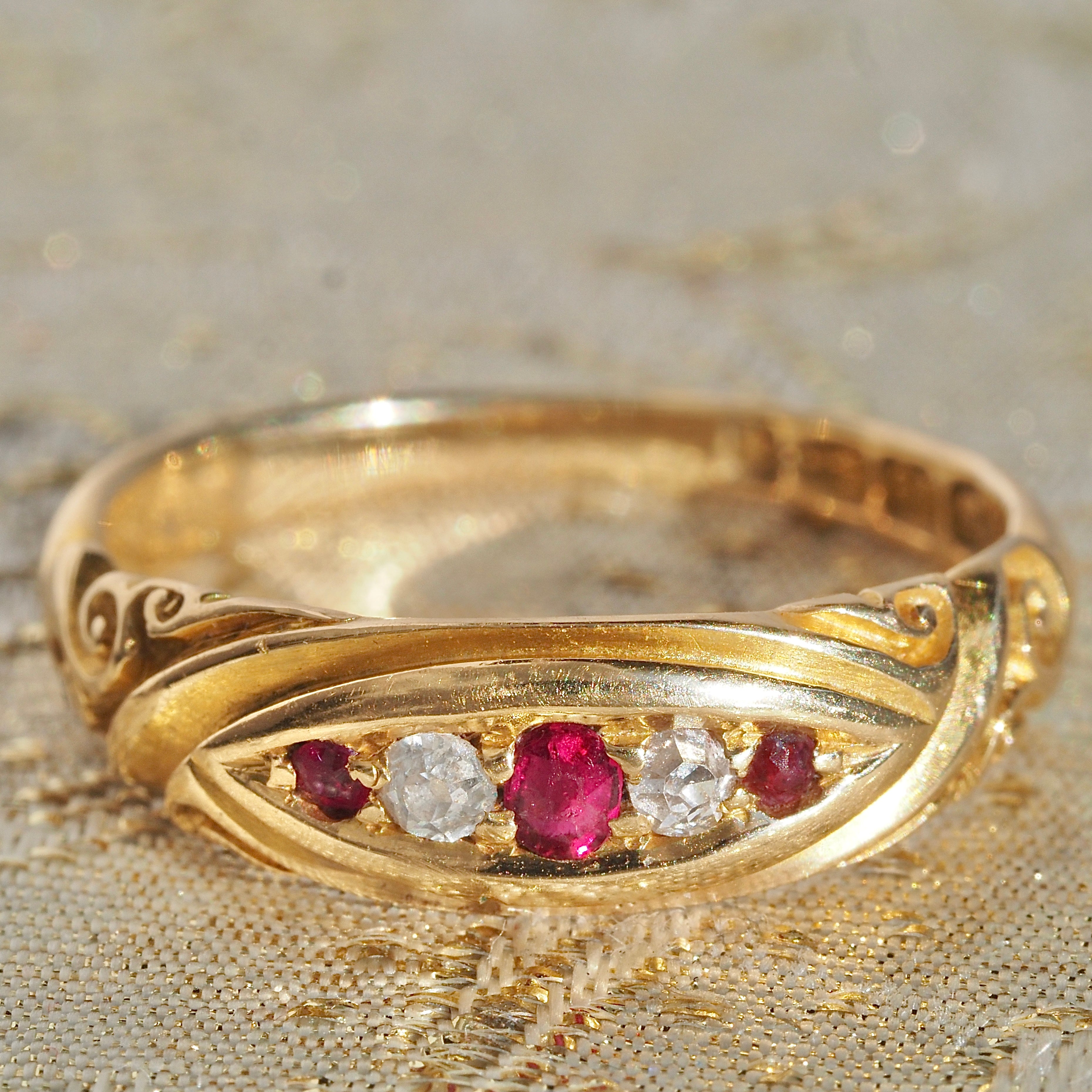Antique English c. 1895 Old Mine Cut Diamond and Ruby Boat Ring