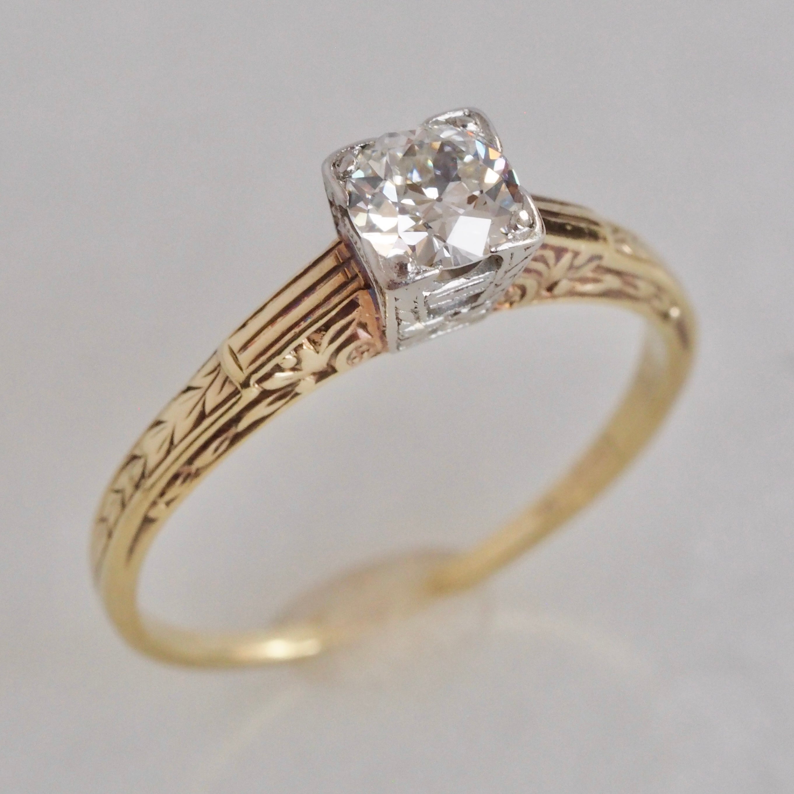 Art Deco 14k White and Yellow Gold Old European Cut Diamond Engagement Ring