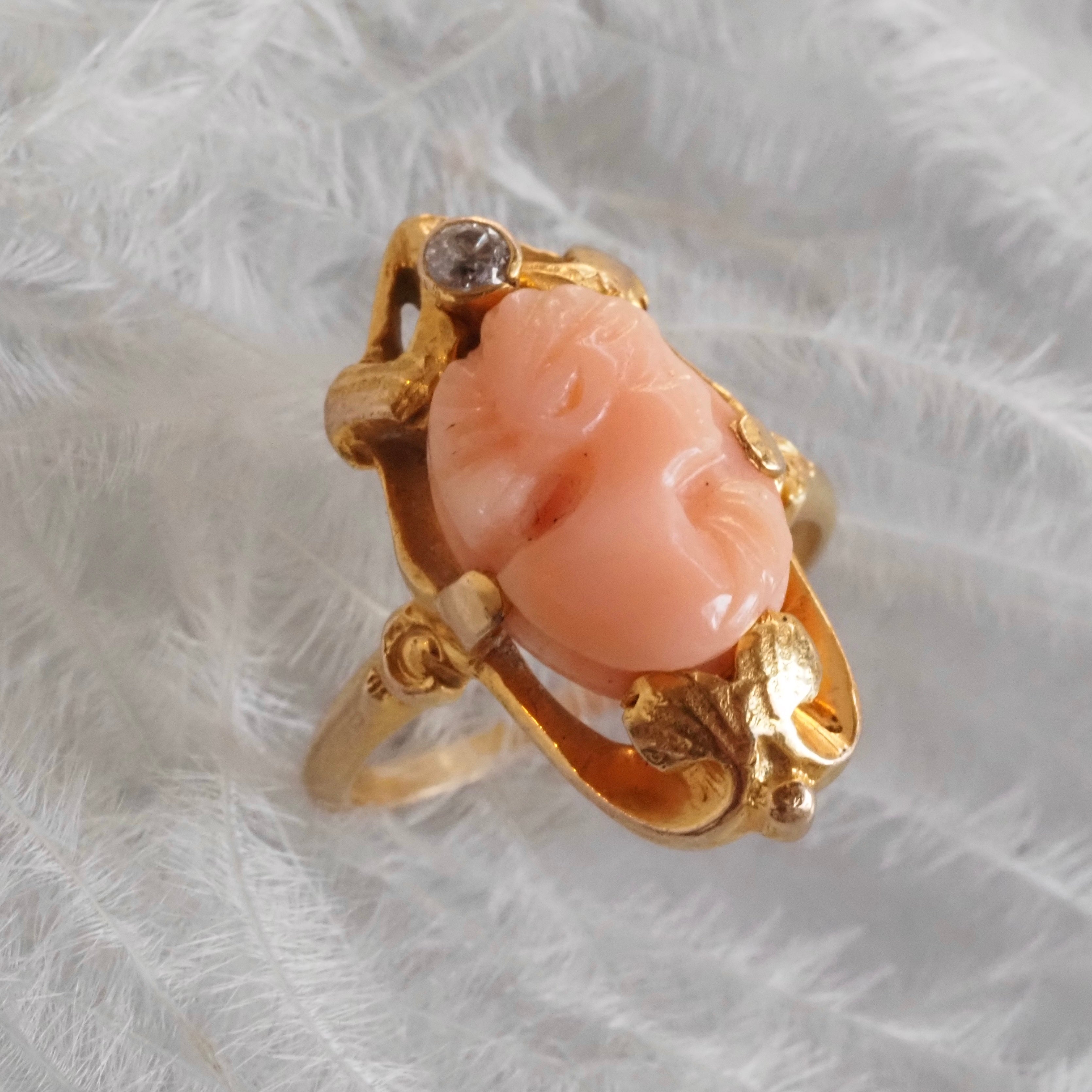 Antique Art Nouveau Bloomed 14k Gold Coral Cameo and Diamond Ring