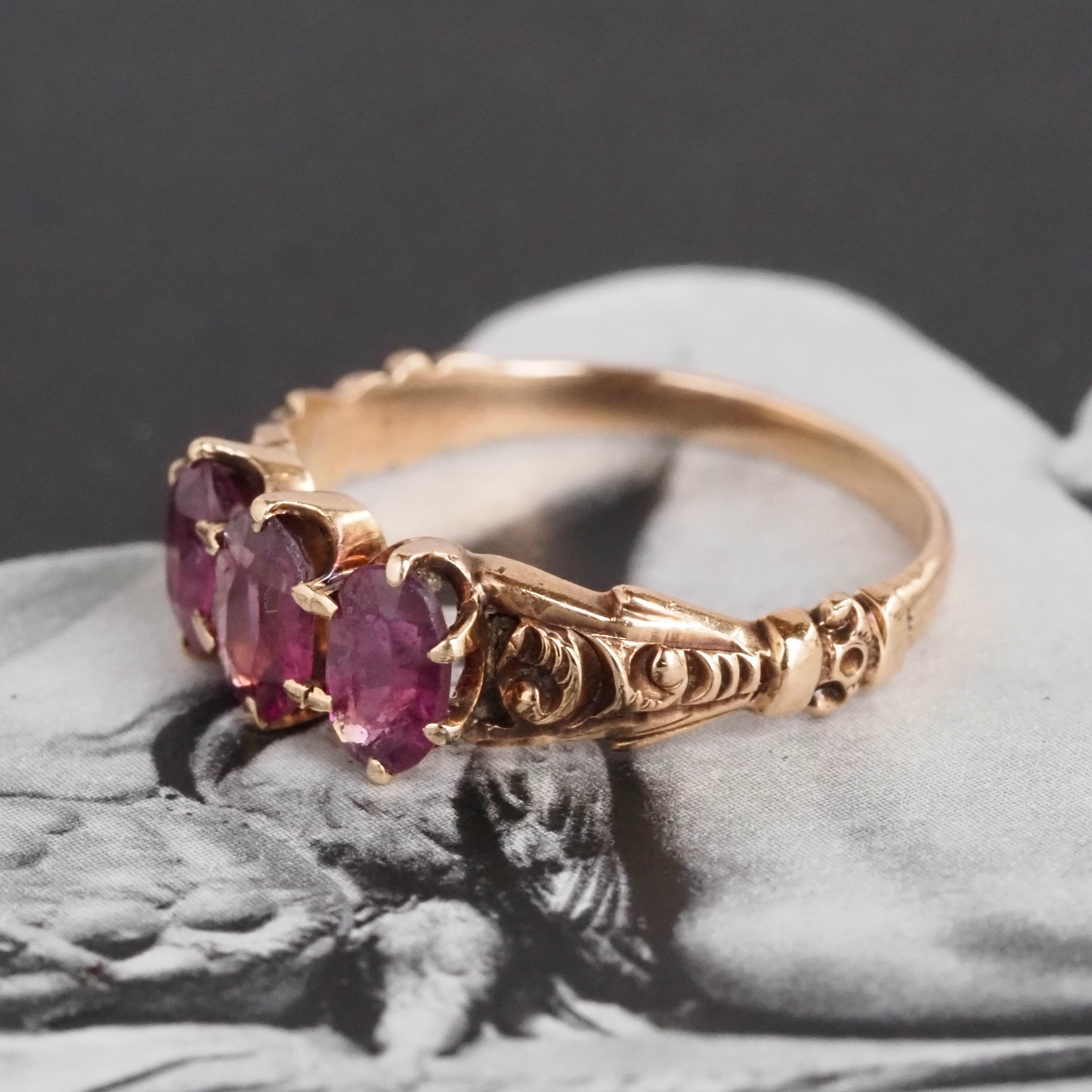 Antique Victorian Rubellite Tourmaline Trilogy 10k Gold Ring