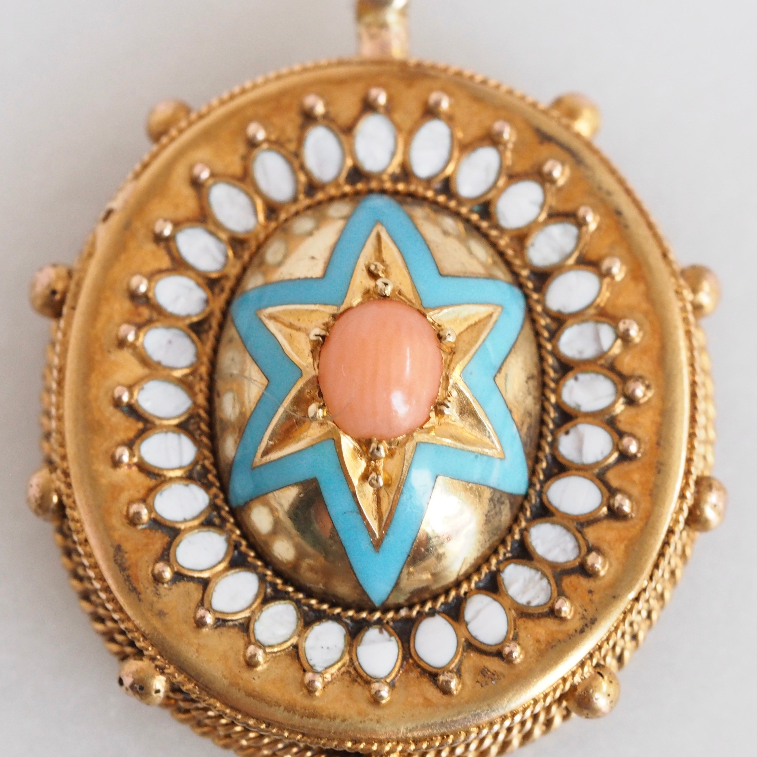 Antique Victorian 14k Gold Enamel and Coral Starburst Pendant