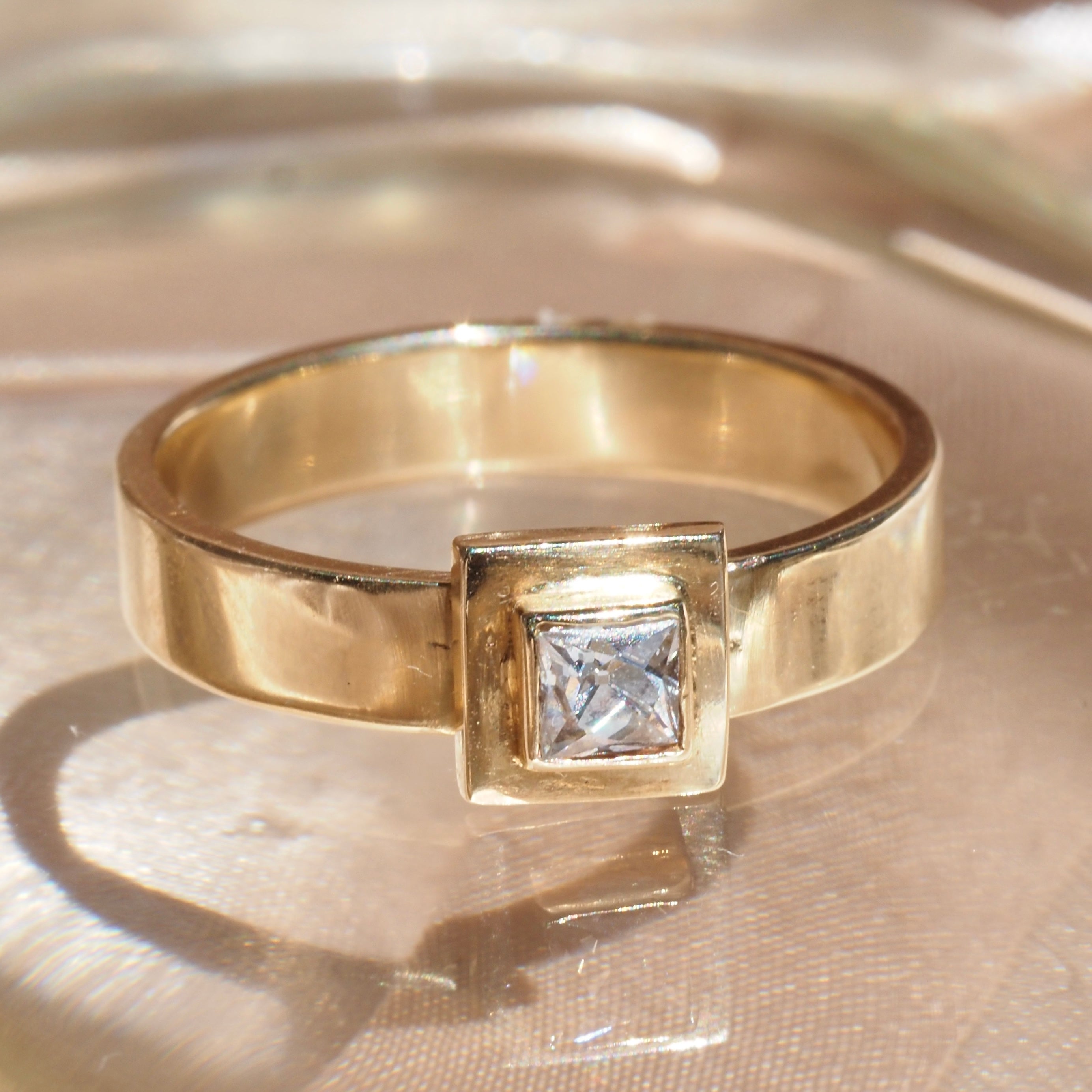 Vintage Square Bezel Set Peruzzi Diamond 14k Gold Solitaire Engagement Ring