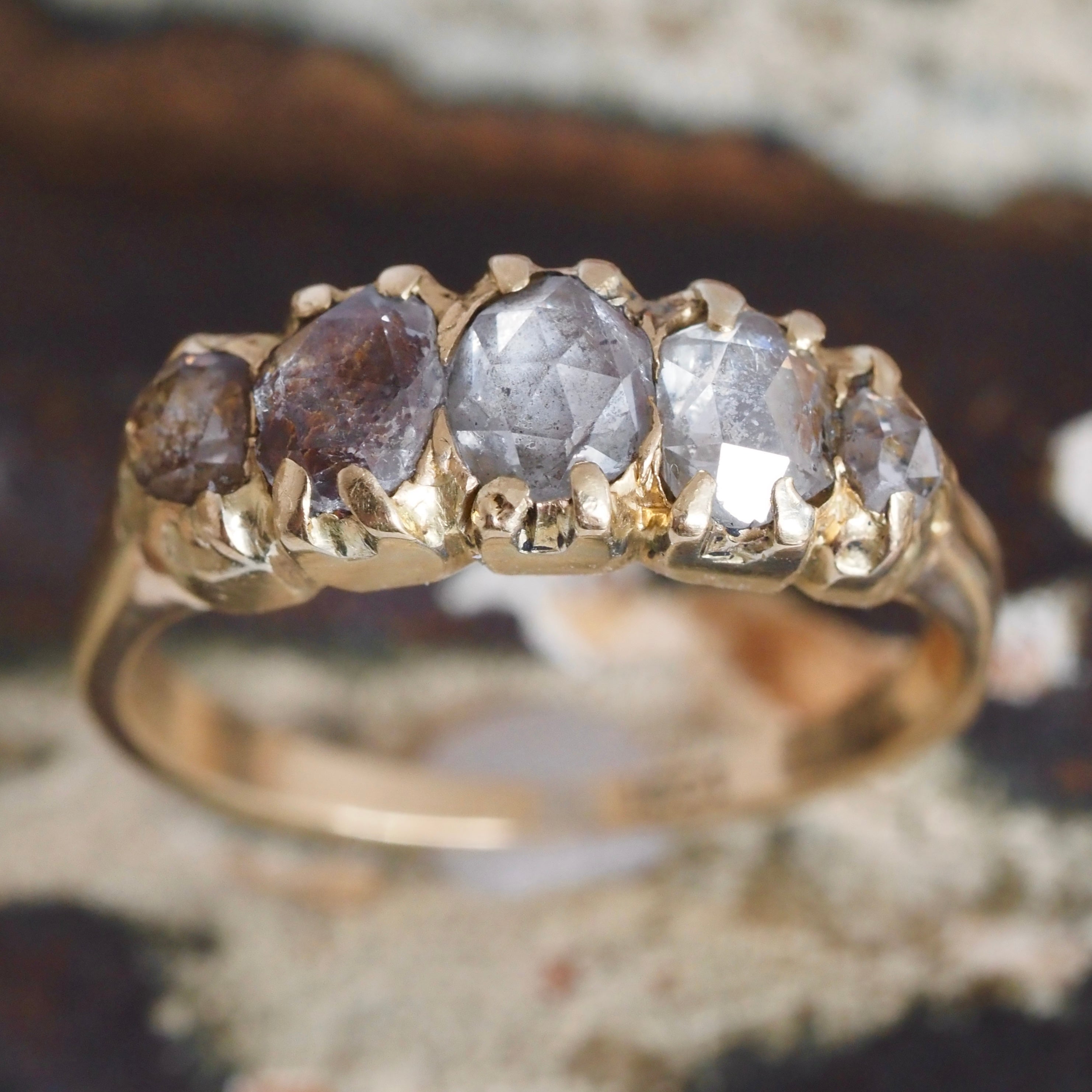 Antique Victorian 18k Gold Foil Backed Rose Cut Diamond Five Stone Ring