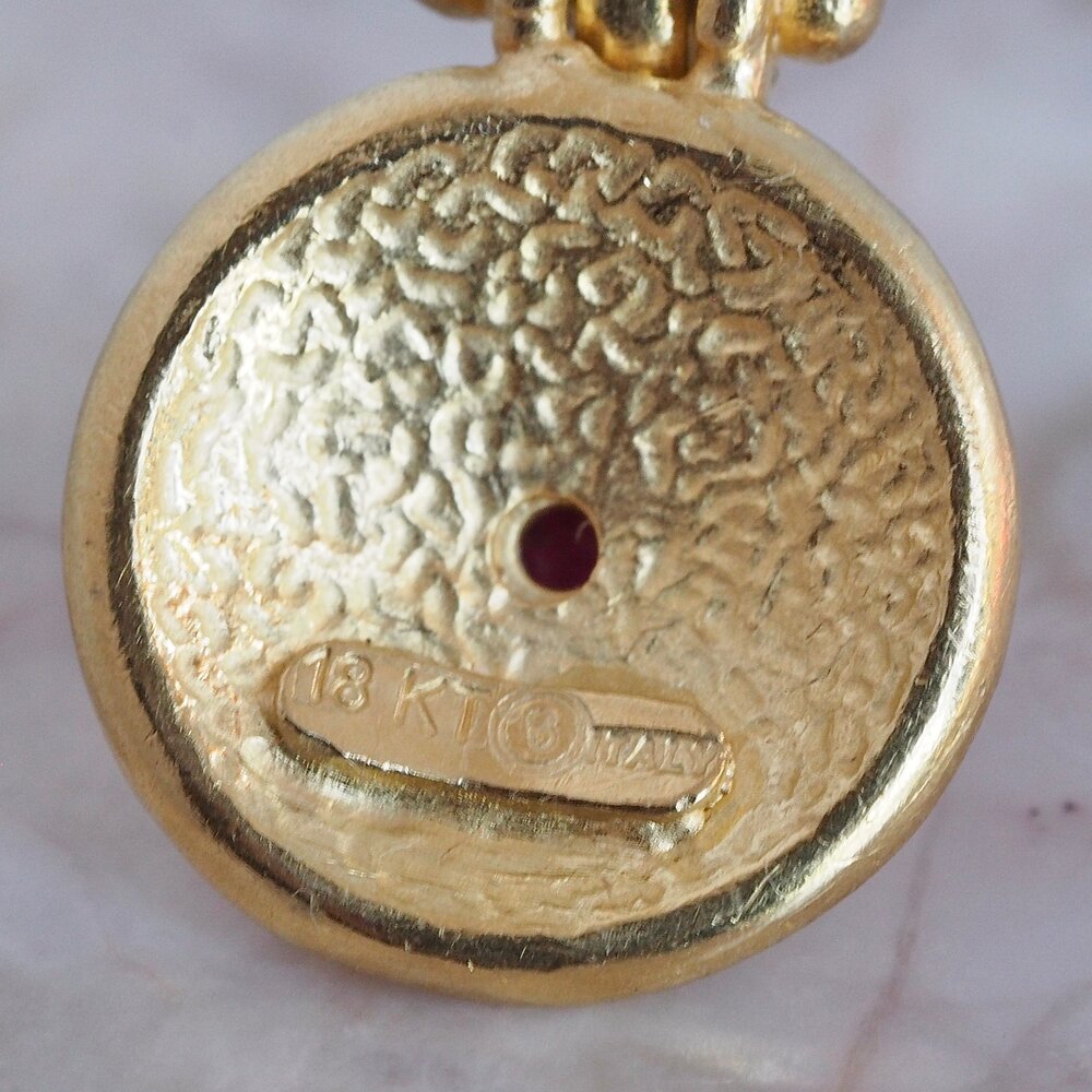 Vintage Italian 18k Gold Etruscan Style Ruby Pendant