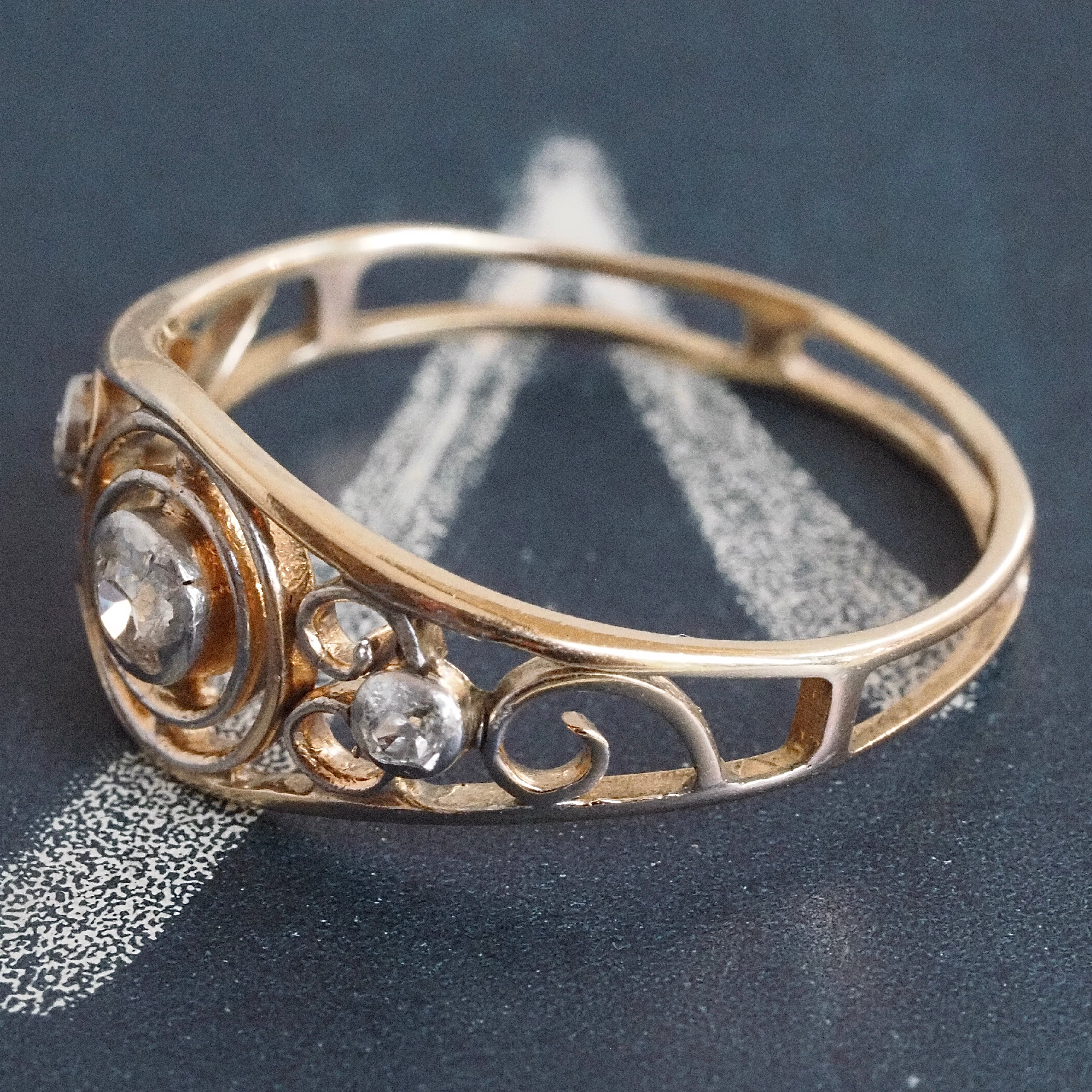 Antique Art Nouveau 14k Gold Diamond Scroll Ring