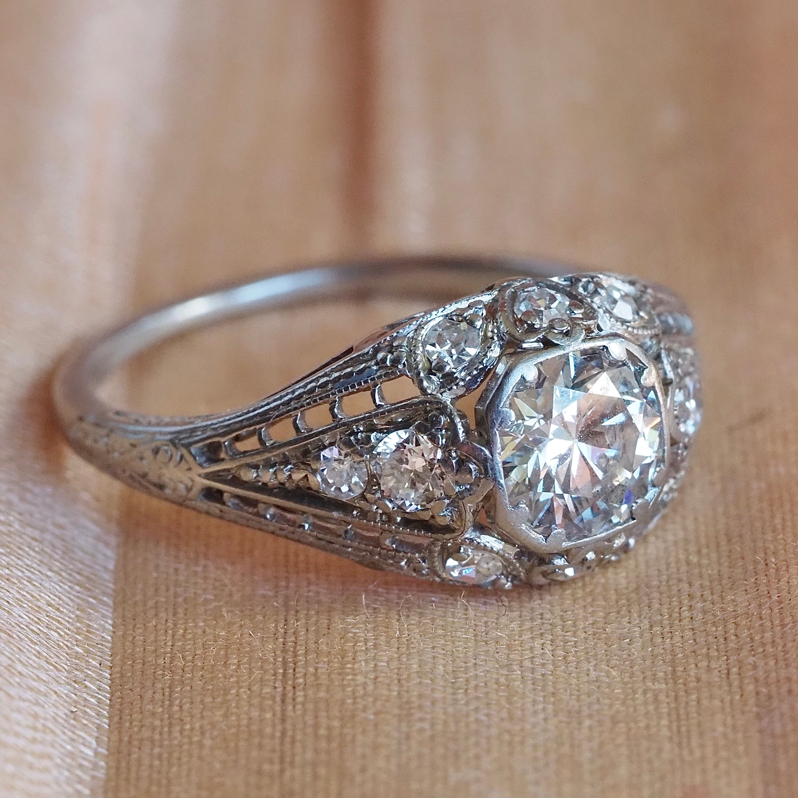 Antique Art Deco Platinum Old European Cut Diamond Engagement Ring