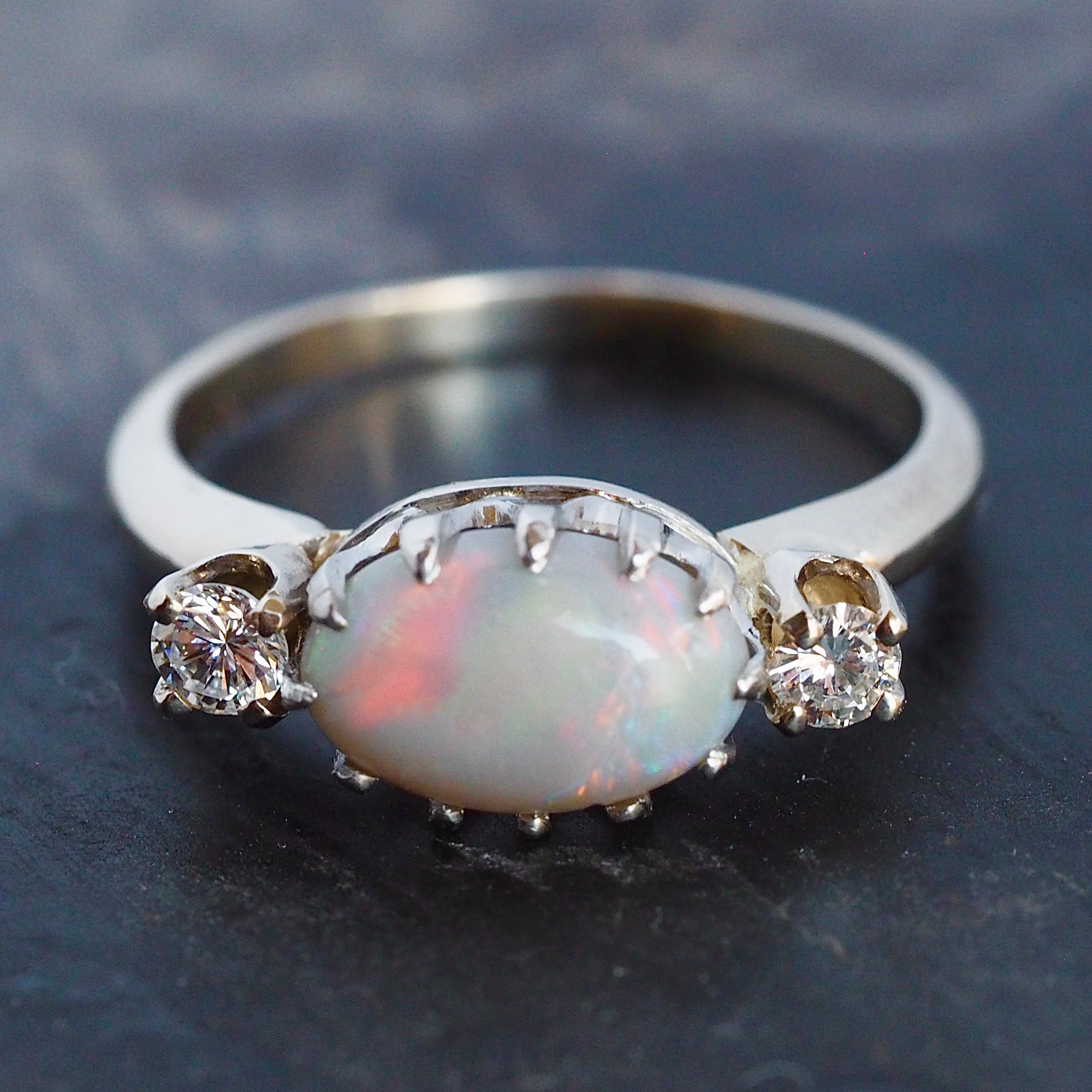 Vintage 14k White Gold Opal and Diamond Ring