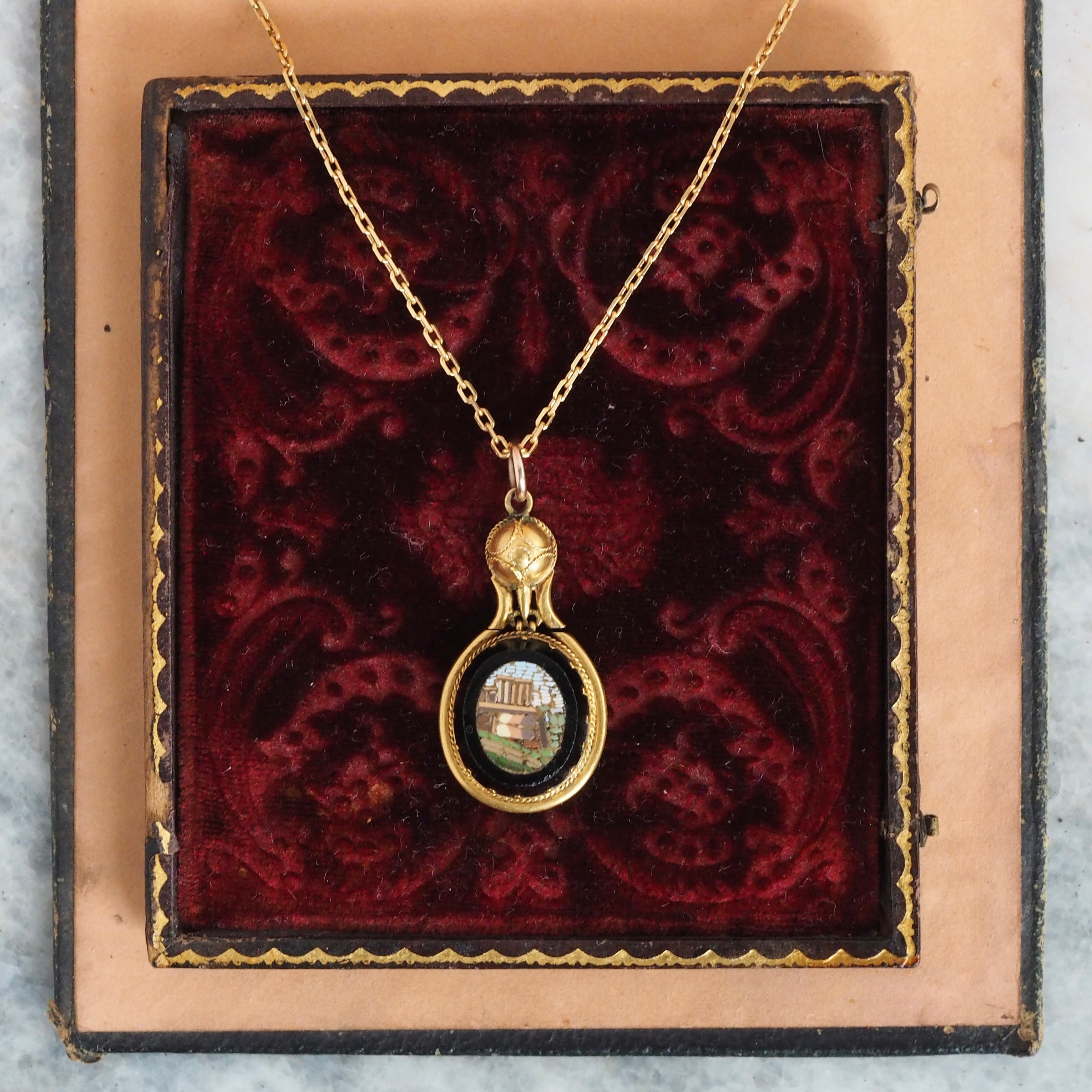 Antique Victorian Grand Tour 14k Gold Micro Mosaic Roman Ruins Pendant