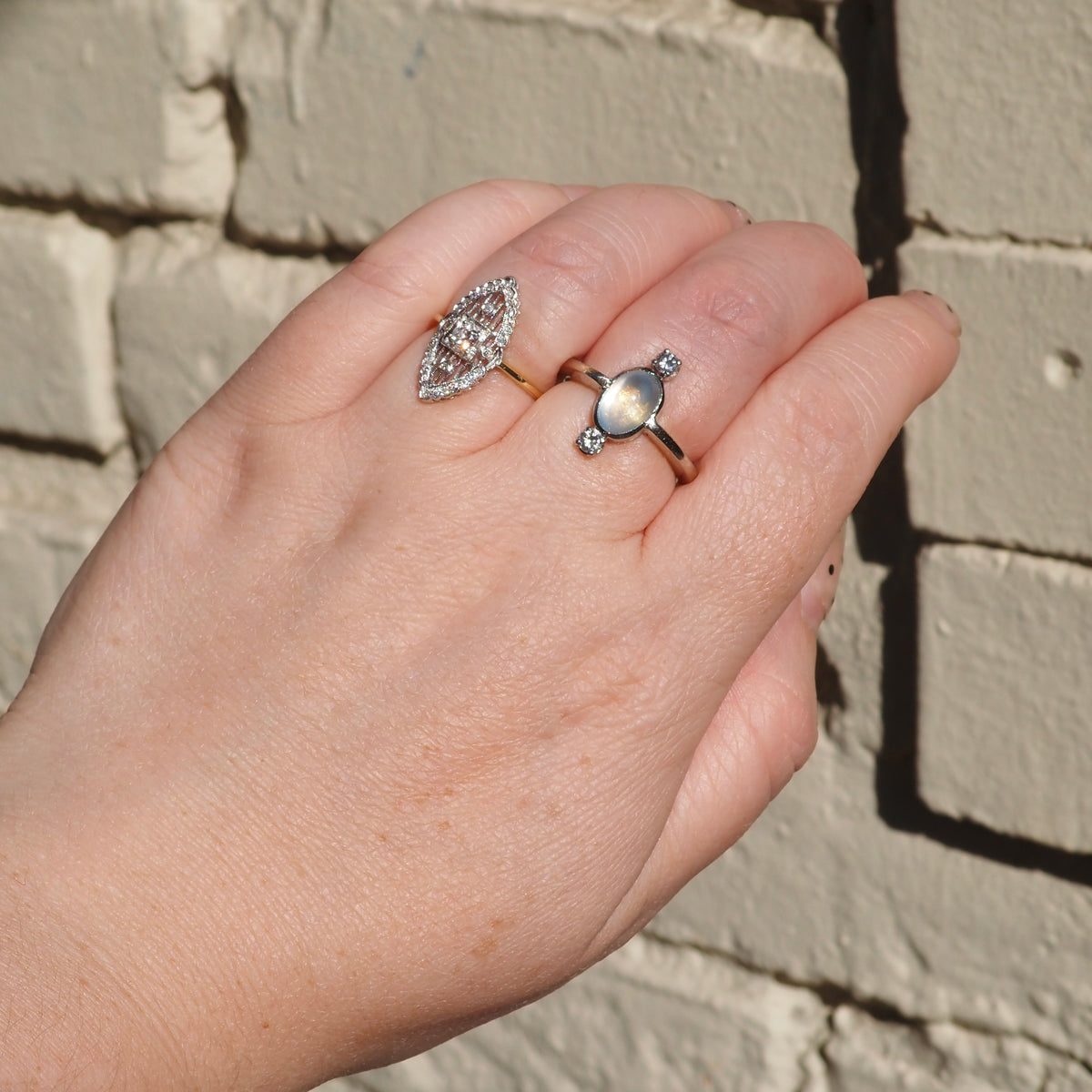 Antique Victorian Moonstone Diamond Palladium and 14k White Gold Ring