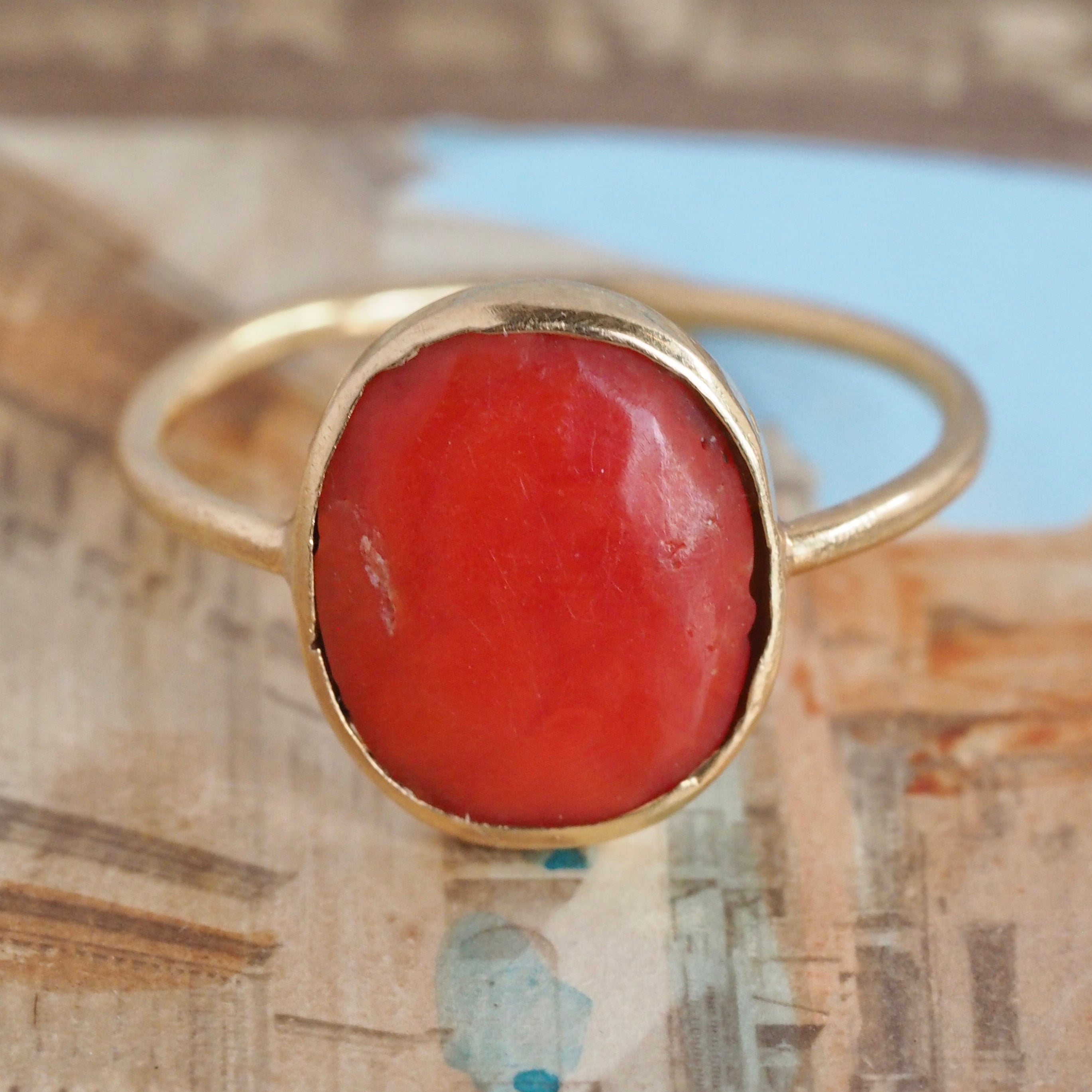 Antique Italian 22k Gold Bezel Set Coral Ring