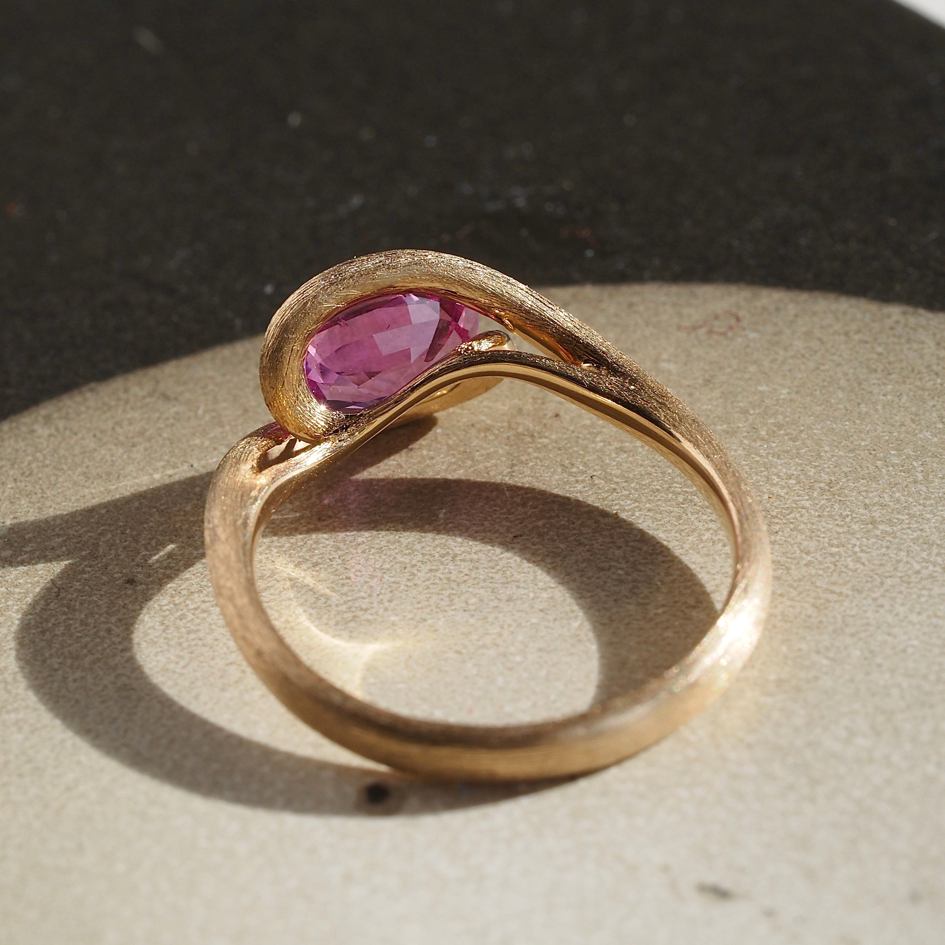 Natural Pink Sapphire Brushed 14k Gold Ring