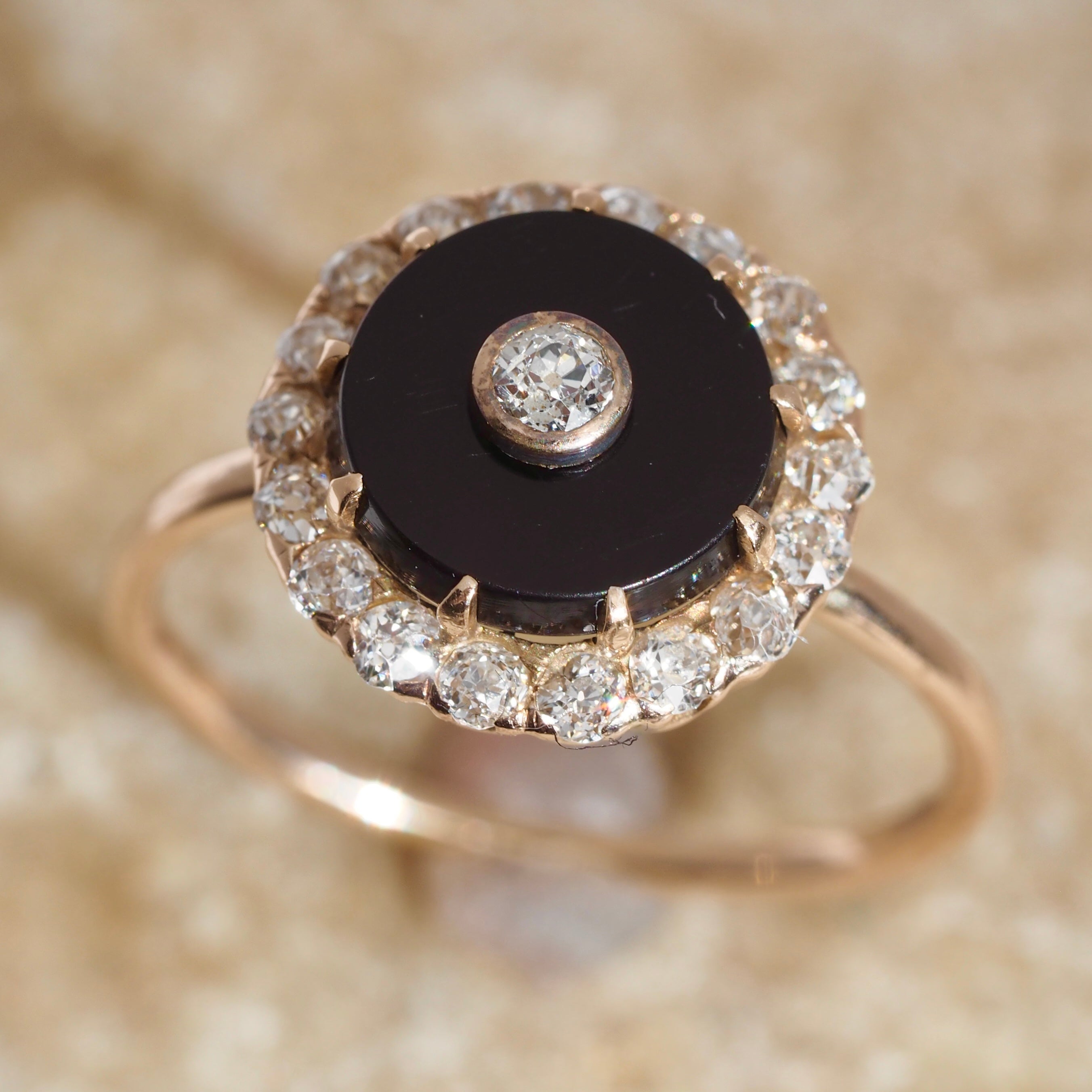 Antique Art Deco 14k Gold Onyx and Diamond Bullseye Ring