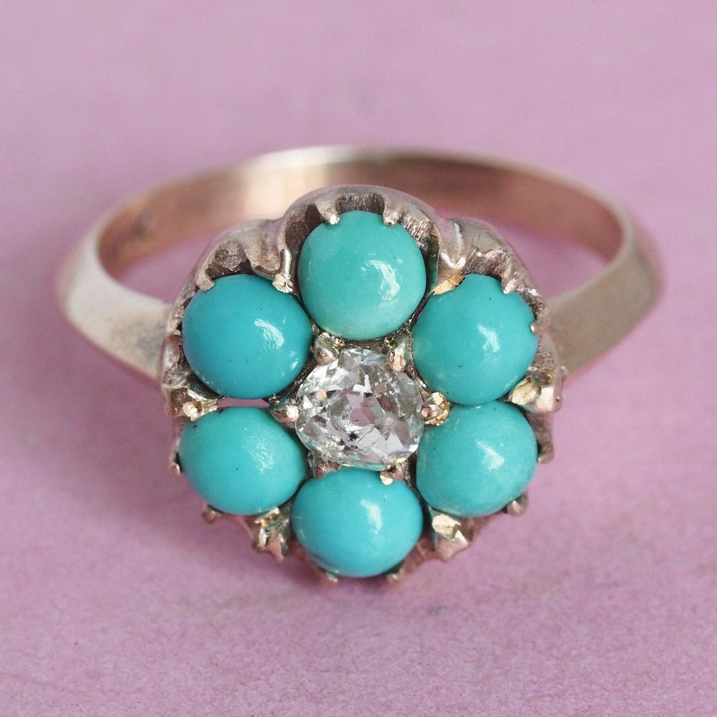 Victorian 10k Gold Turquoise and Old Mine Cut Diamond Flower Ring