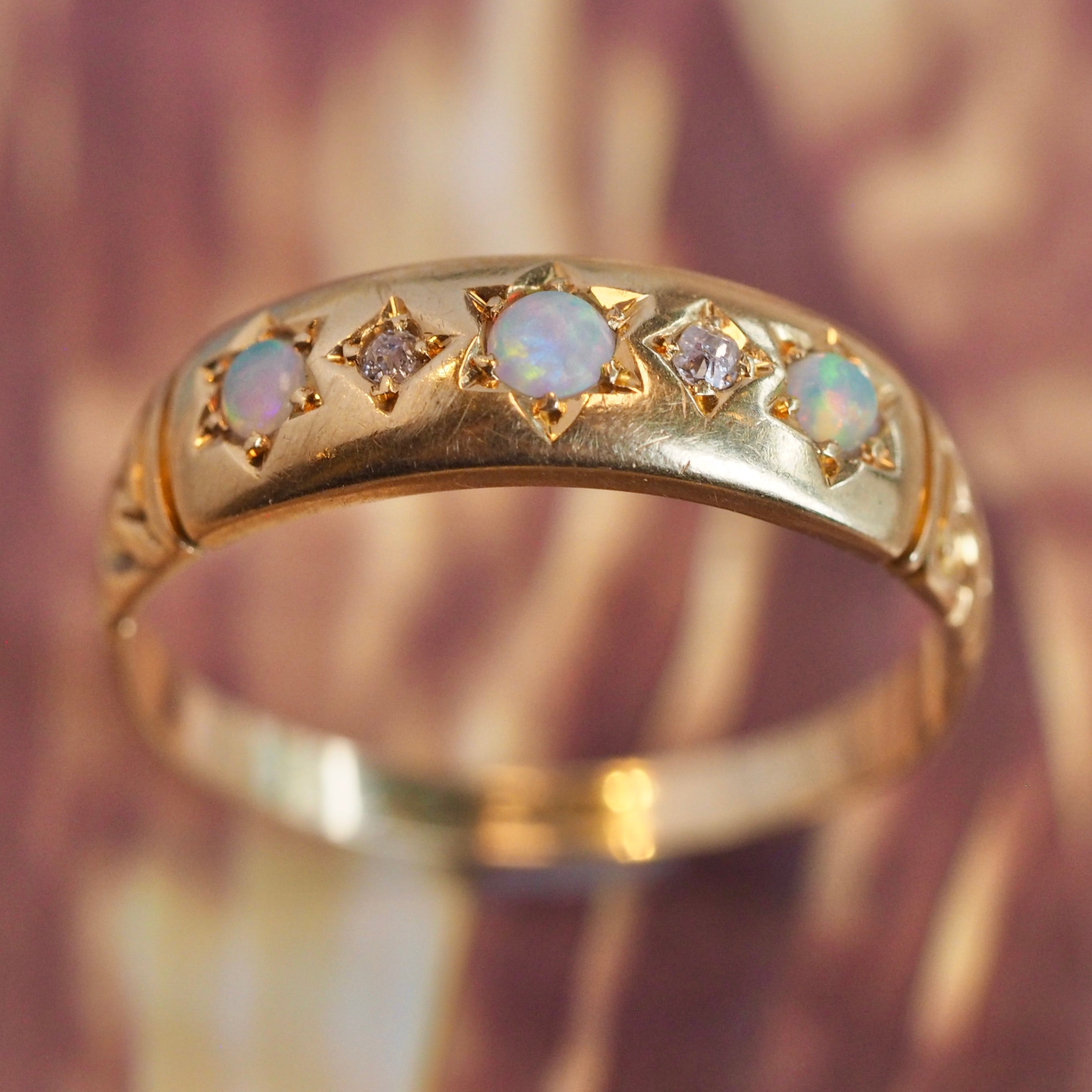 Antique Edwardian 18k Gold Opal and Diamond Starburst Fush Set Ring