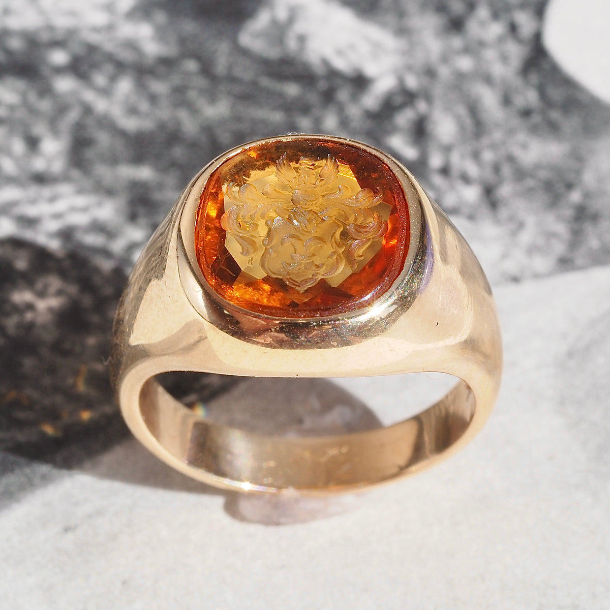 Vintage Citrine Crest Intaglio 14k Gold Signet Ring