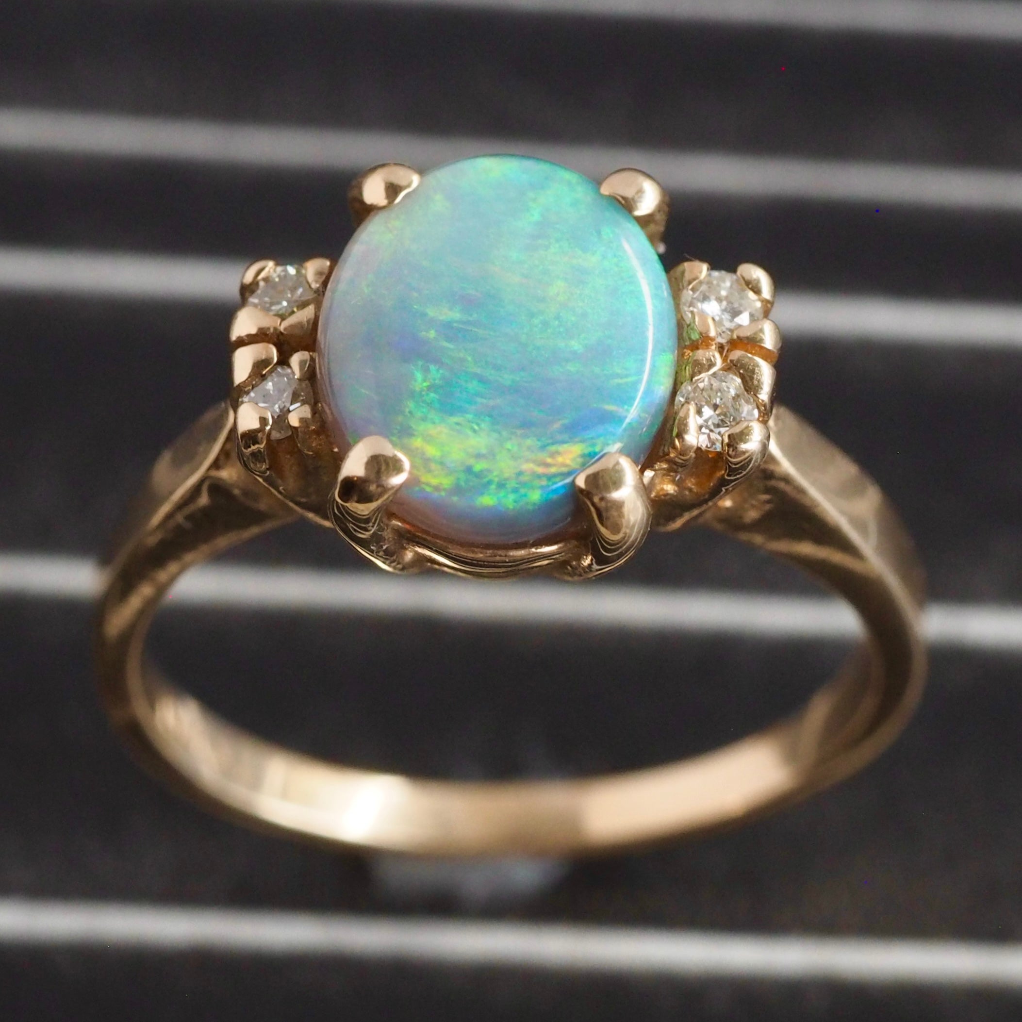 Vintage 14k Gold Black Opal and Diamond Ring