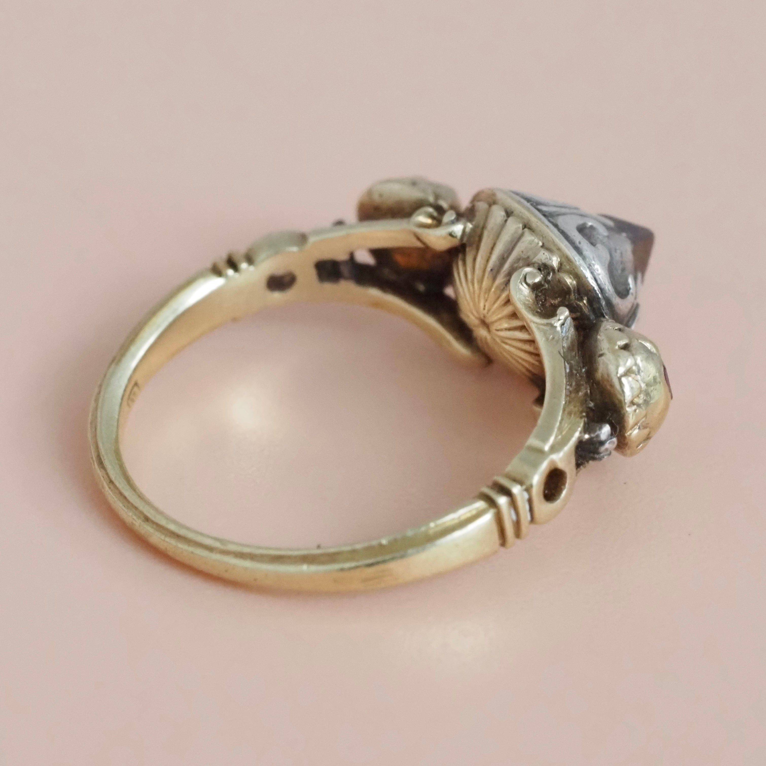 Antique Late 17th Century Baroque 18k Gold and Sterling Silver Point Cut Diamond and Table Cut Ruby Ring