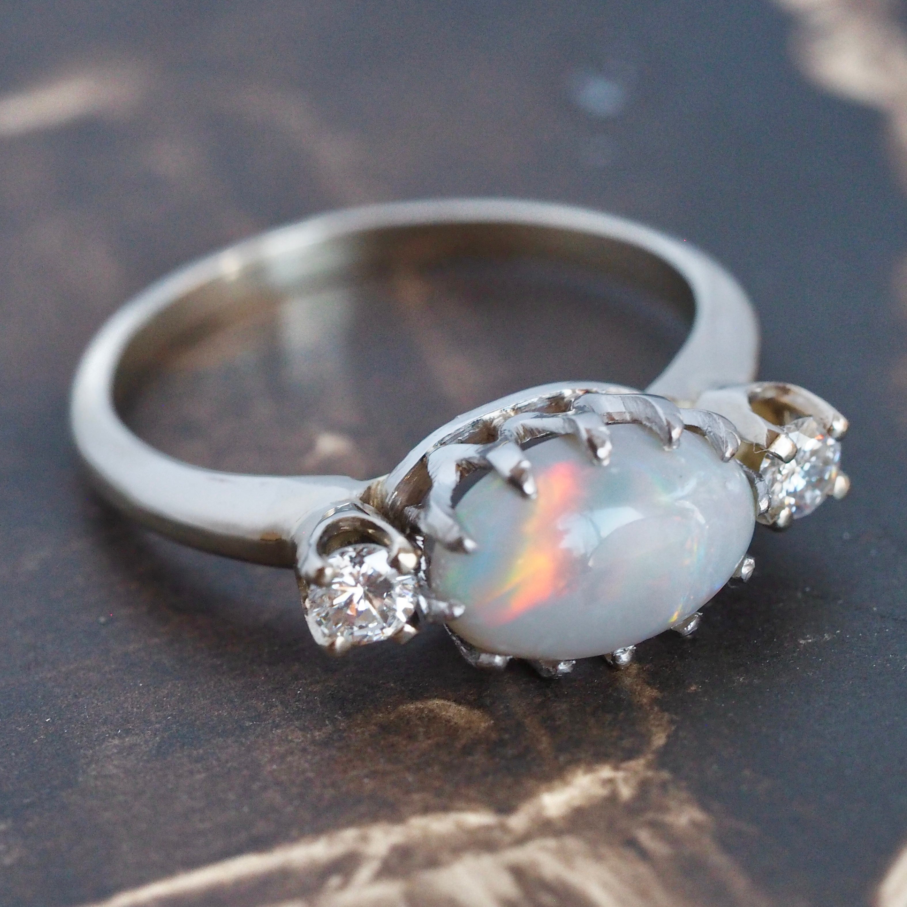 Vintage 14k White Gold Opal and Diamond Ring