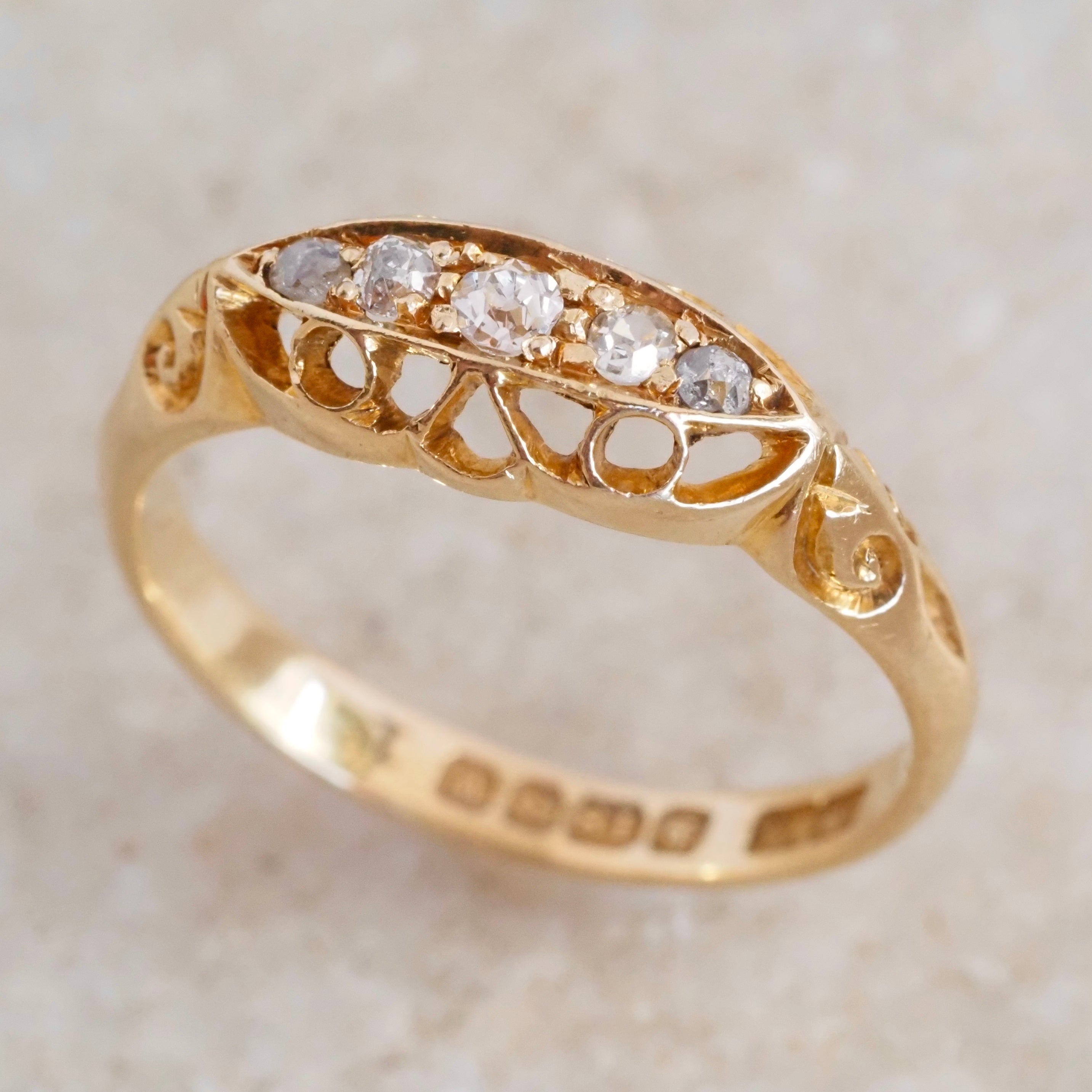 Antique c. 1921 English 18k Gold Five Stone Diamond Boat Ring