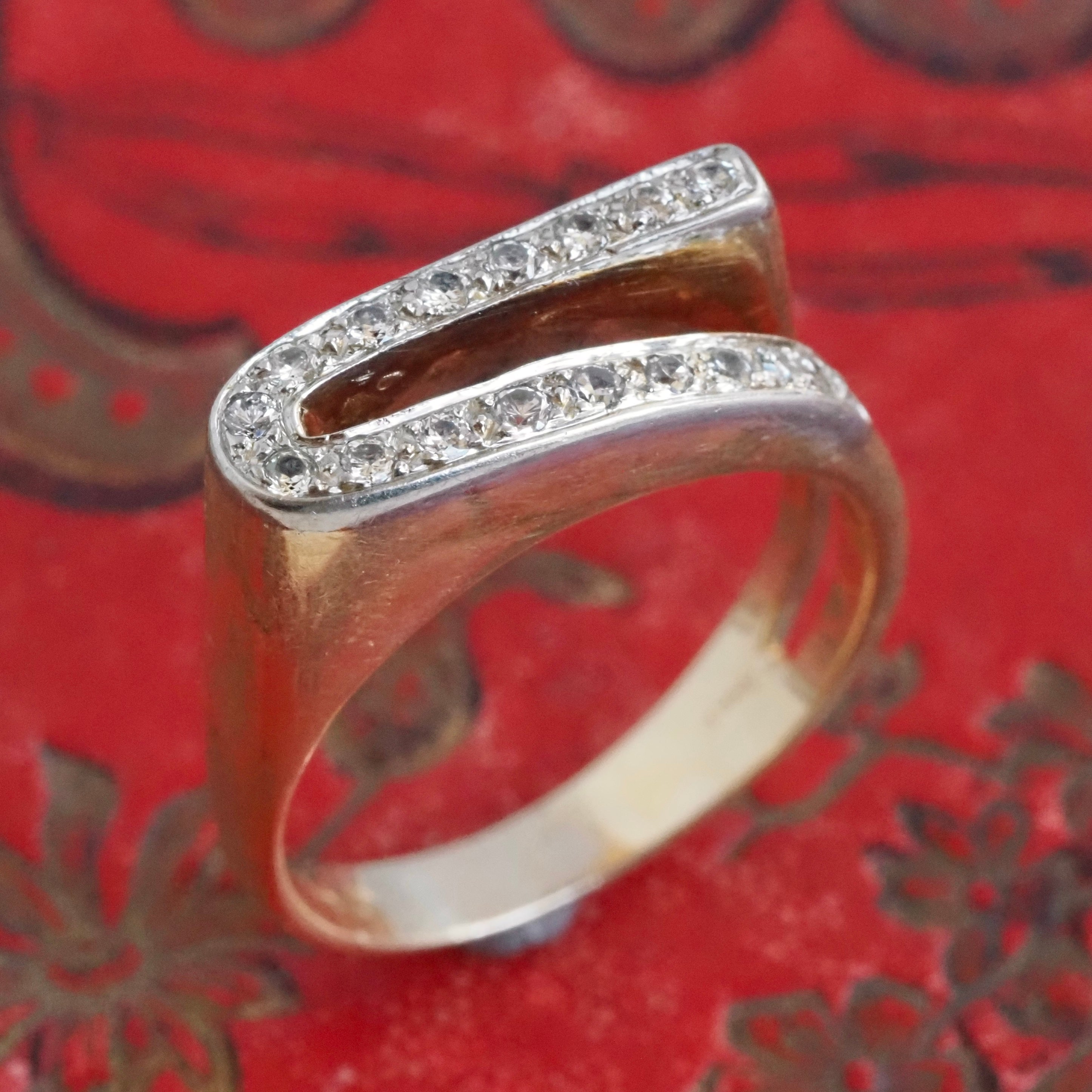 Vintage Modernist 14k Gold and Diamond Wave Ring