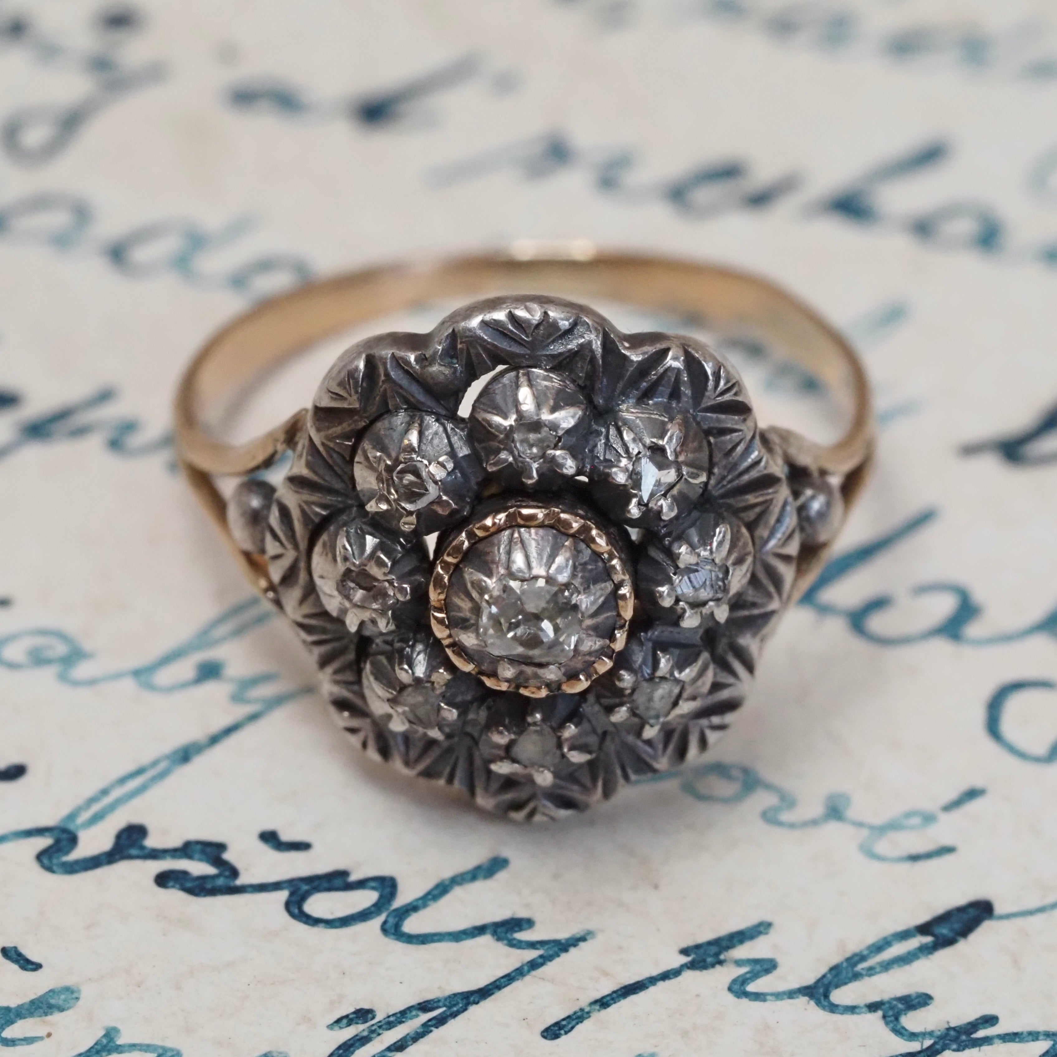 Antique Portuguese Rose Cut Diamond Cluster 19k Gold & Silver Ring