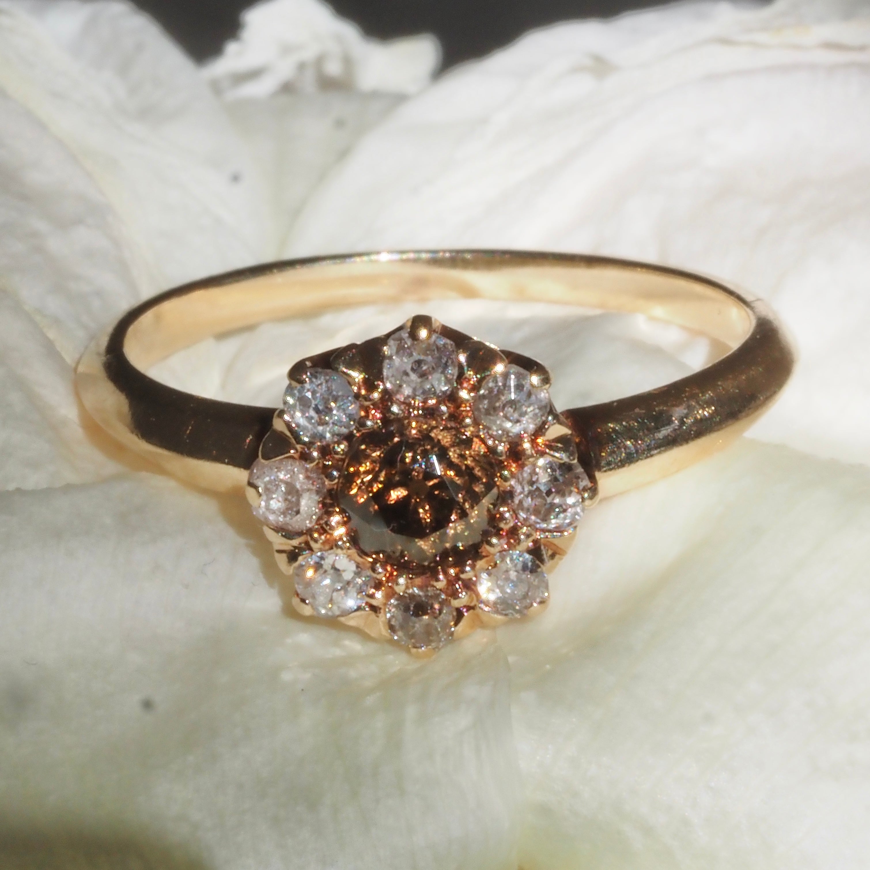 Antique Edwardian Brown Old European Cut Diamond Halo Cluster 14k Gold Engagement Ring
