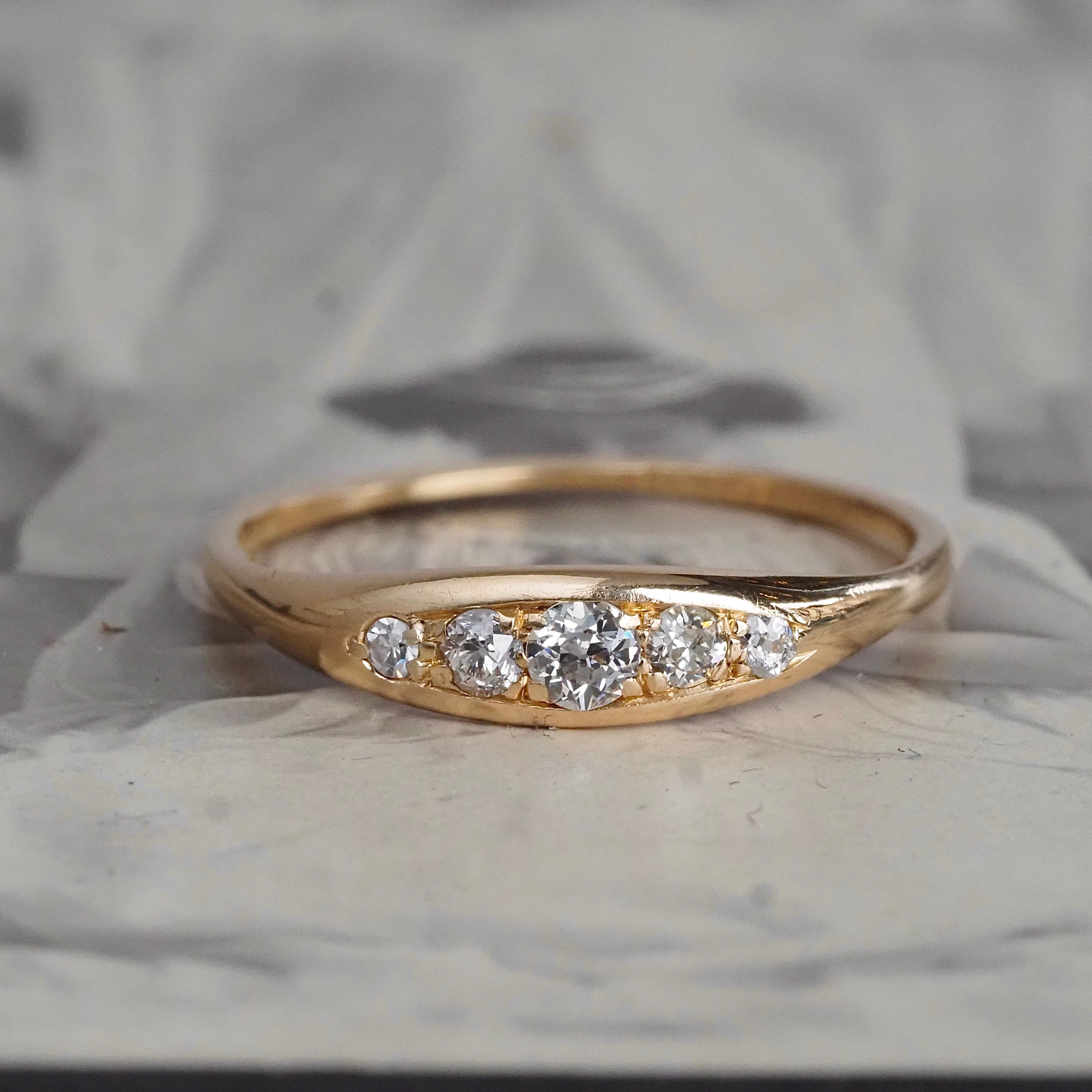 Antique English Old Mine Cut Diamond Five Stone 18k Gold Boat Ring