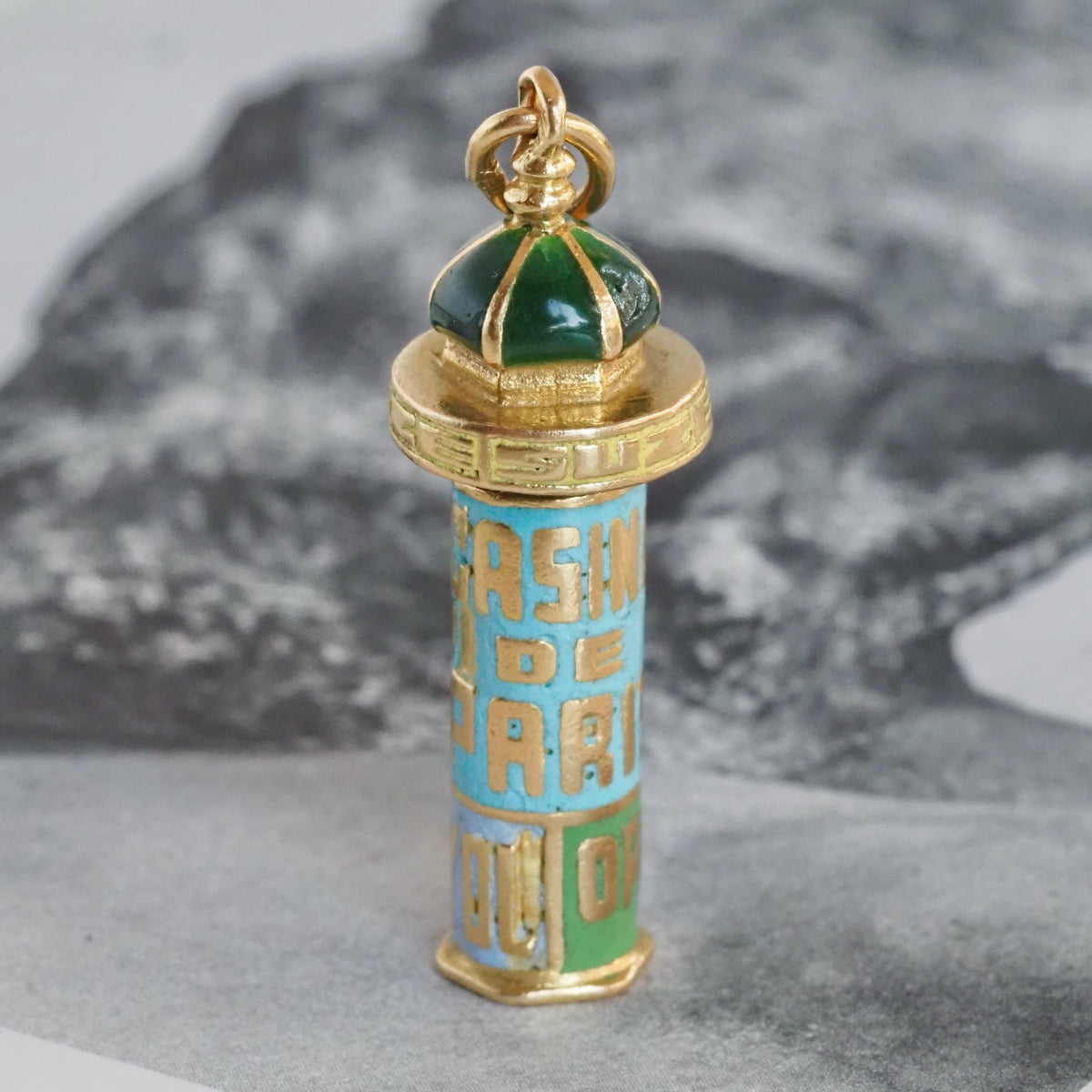 Vintage French Kiosque with Enamel Theater Posters 18k Gold Collectable Pendant